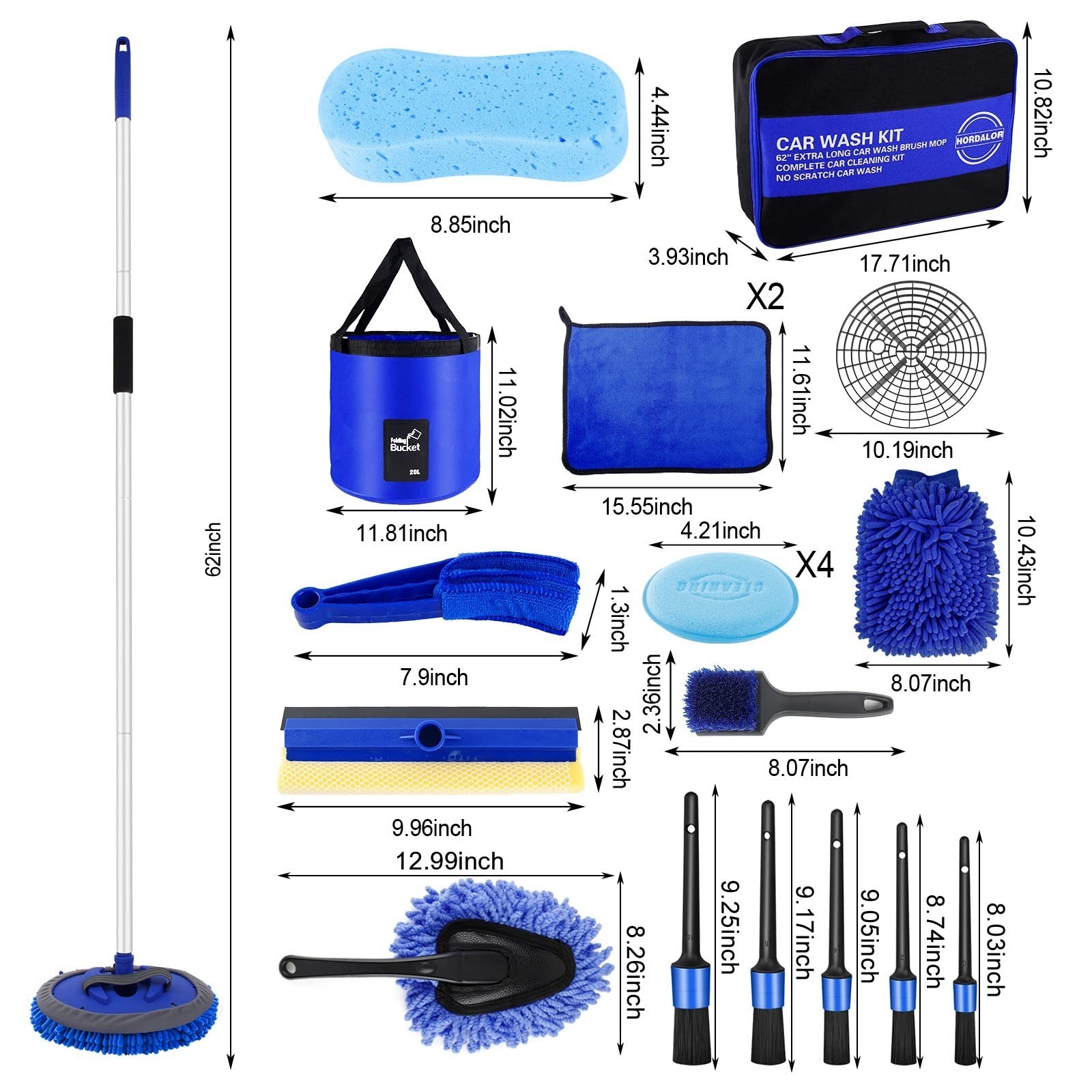21Pcs Car Wash Kit – 62″ Long Handle Brush, Detailing Brushes, Bucket & Squeegee