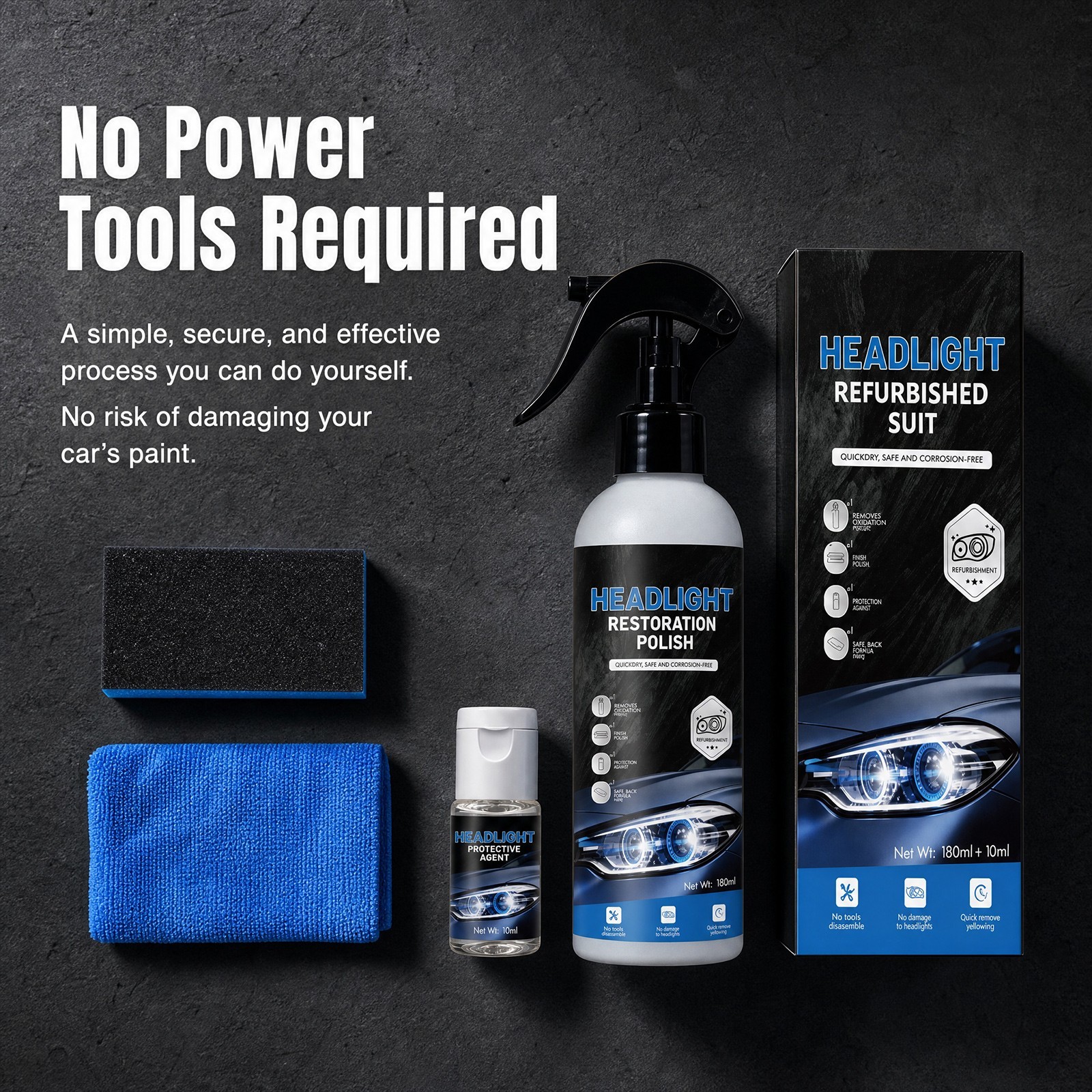 Automotive Headlight Restoration Kit, Fix Yellowed Oxidized Cloudy Lamps 180ml