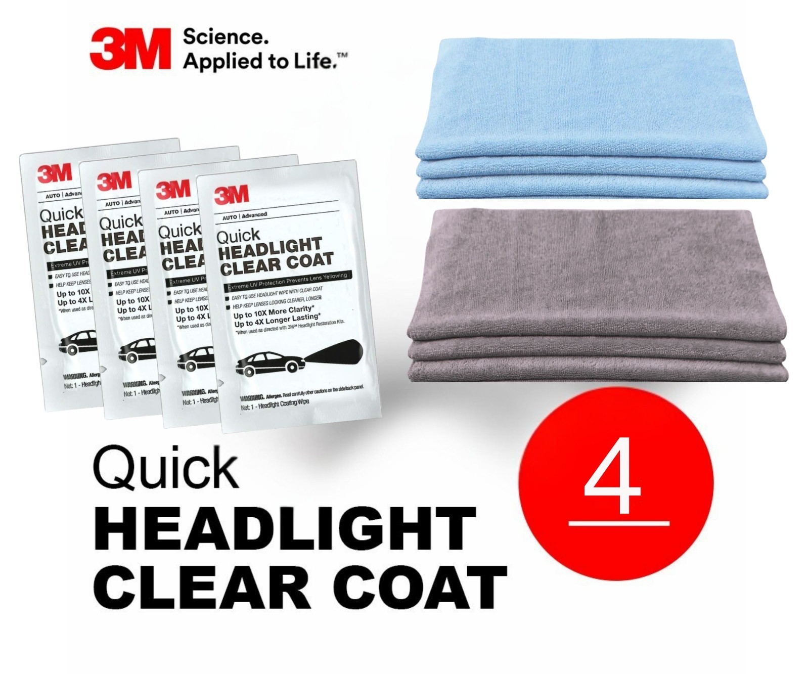 3M Quick Headlight Clear Coat 4x wipe and Microfiber Cloth 6pcs (12x12inch) Lot