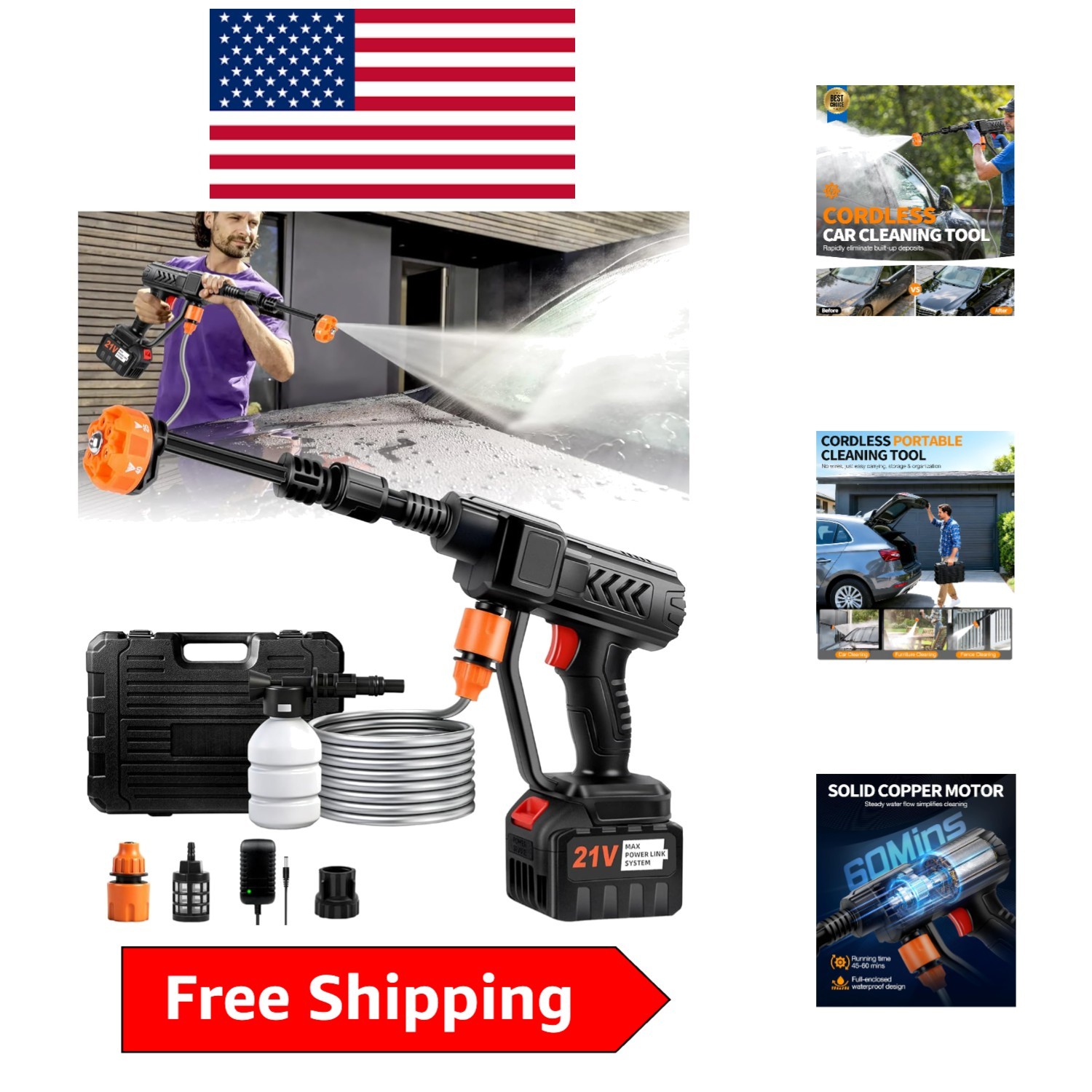 16.5FT Hose Cordless Vehicle Cleaning Tool with Lightweight Design & Foam Cannon
