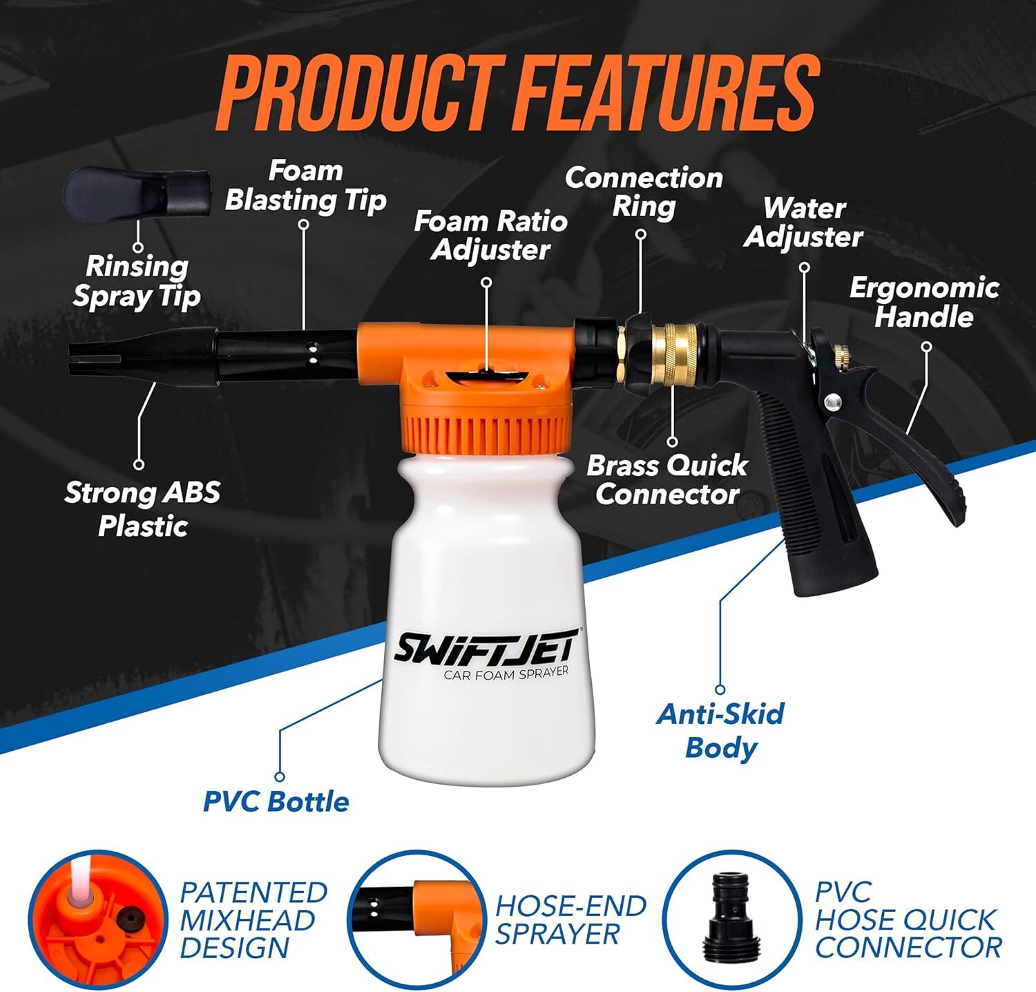 “SwiftJet Foam Gun & Wash Mitt – Car Wash Kit for Garden Hose – Orange Blaster”