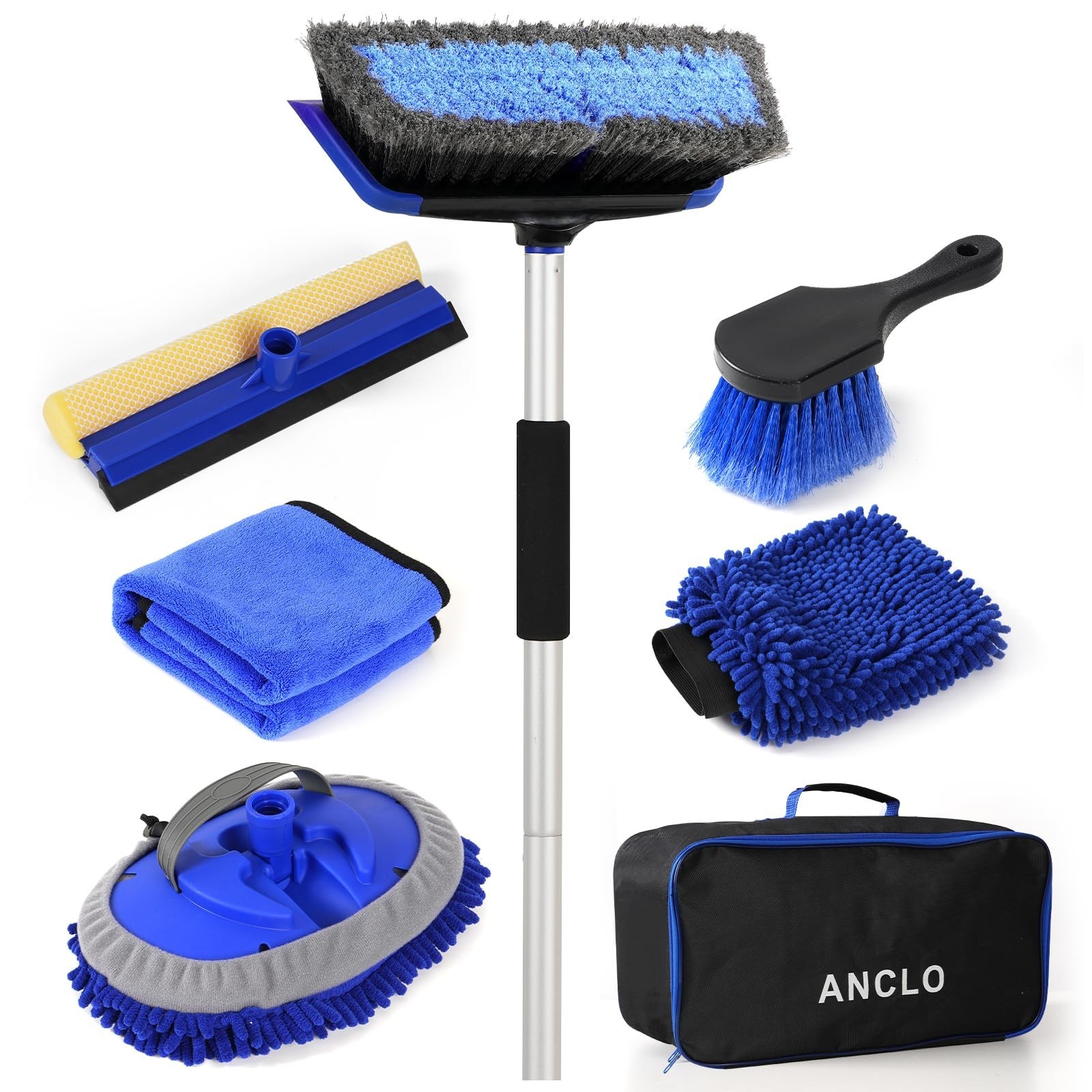 62” Long Handle Car Wash Brush Kit – Scratch-Free Mop, Tire Brush, Mitt & Squee