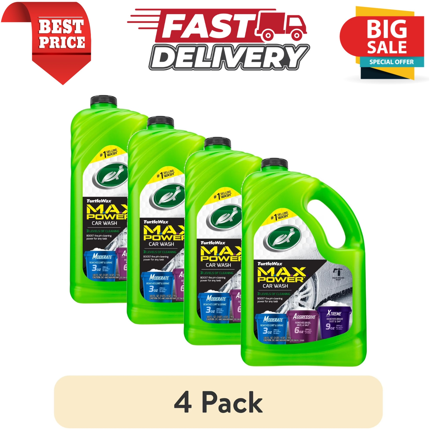 (4 Pack) Turtle Wax Max Power Car Wash Soap High Foam Cleaner 100 Oz