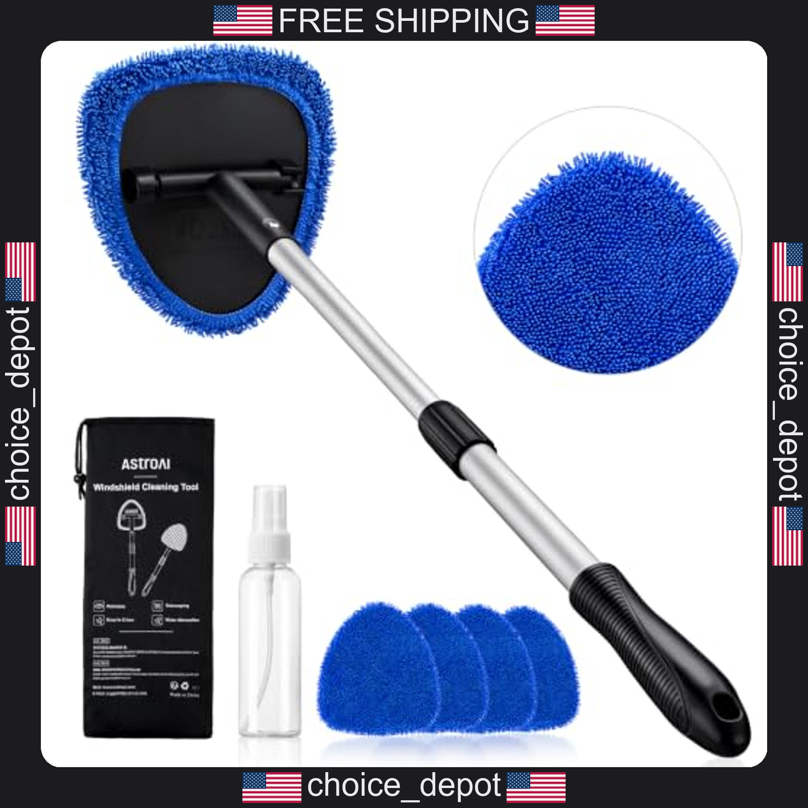 Extendable Car Windshield Cleaner Kit with Microfiber Pads