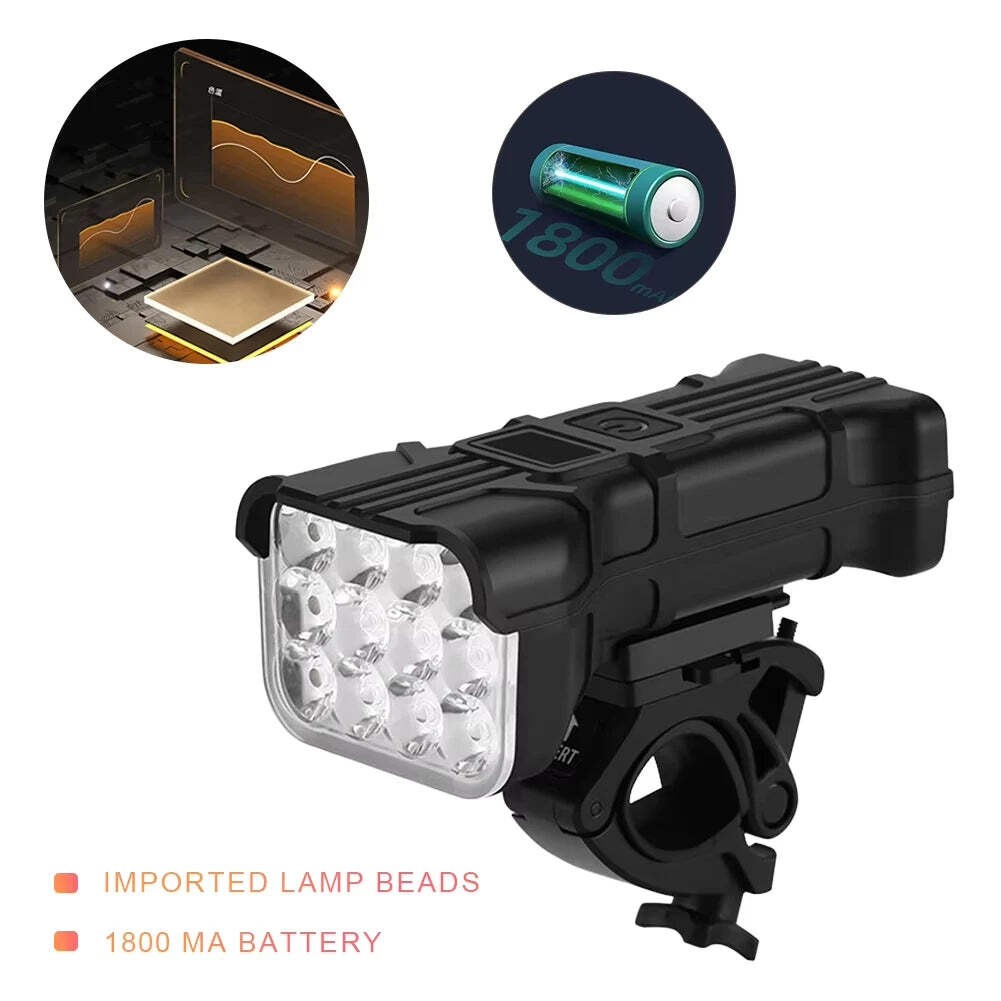 Bicycle Front Rear Light 1800mAh LED Bike 6500K Head Lamp Flashlight