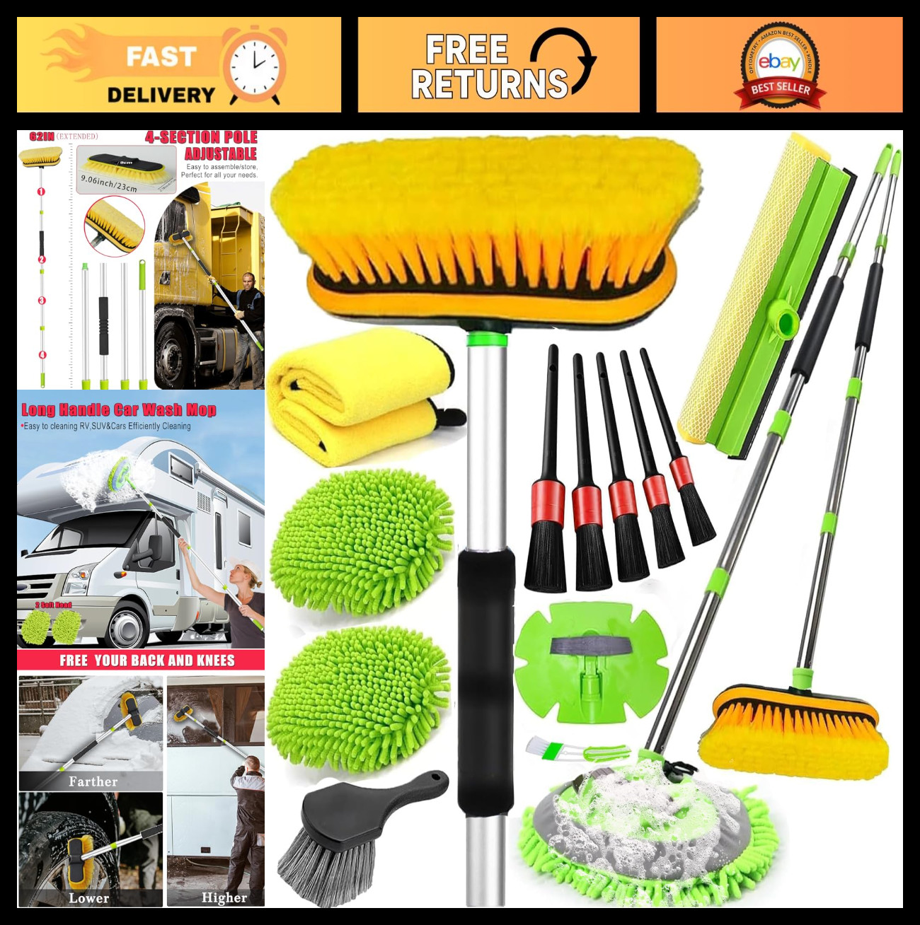 62″ Long Handle Car Wash Brush Kit – Microfiber, Tire Brush, Squeegee & Detailin