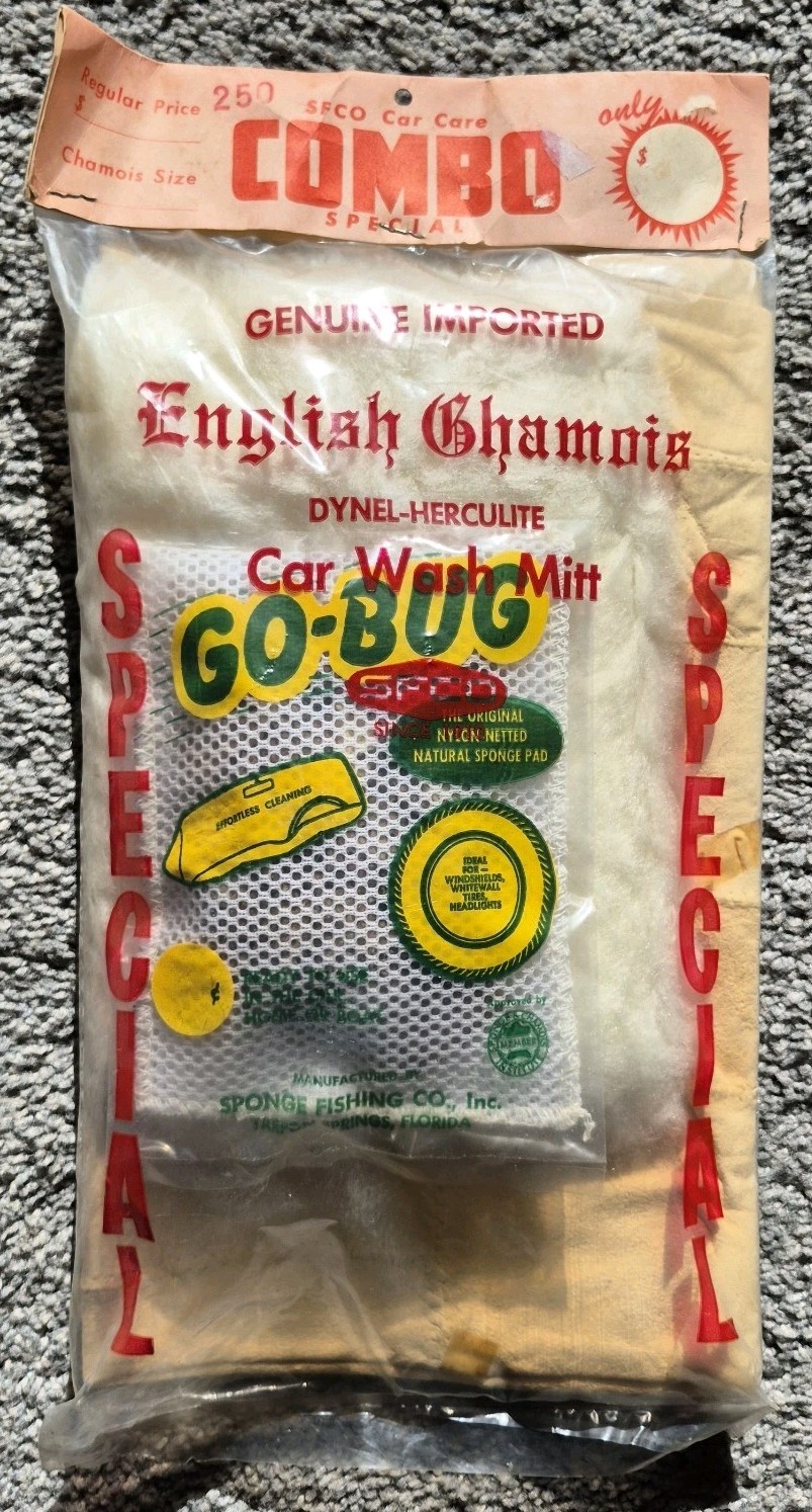 VTG Old New Stock Car Care Combo English Chamois Cloth & Go-Bug Car Wash Mitt