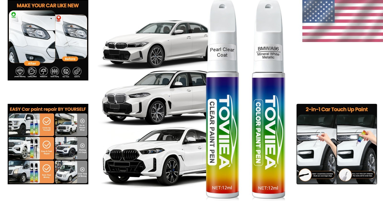 A96 Mineral White Touch Up Paint with Clear Coat – Fast Scratch Remover for BMW