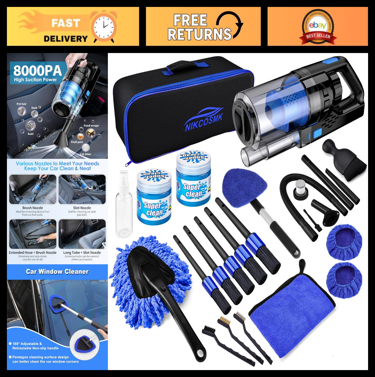 17pcs Car Detailing Kit – Interior Cleaner, Handheld Vacuum, Brushes & Tools