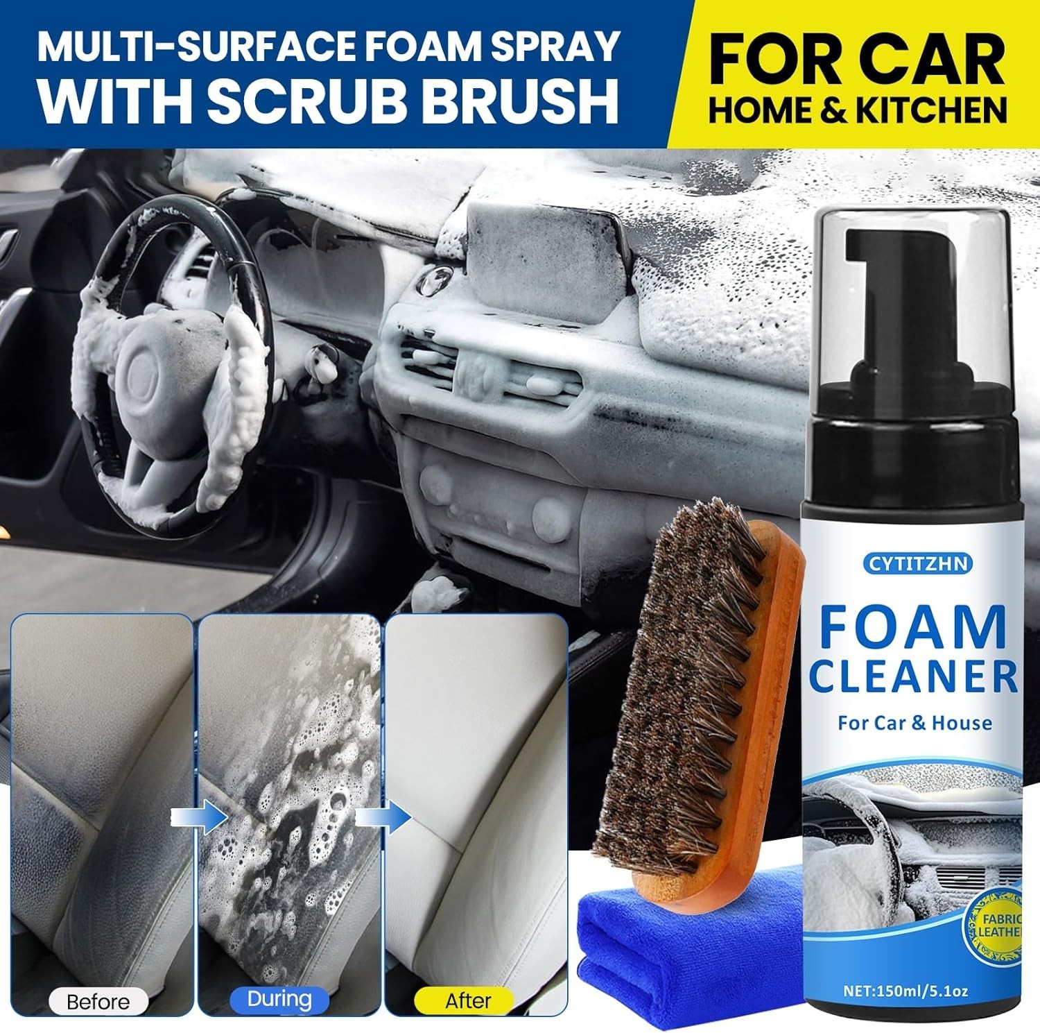 All-Purpose Car Interior Foam Cleaner Kit Deep Stain Remover Brush Towel 5oz