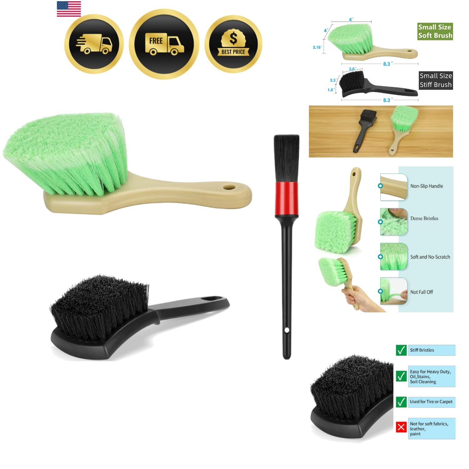Car Wheel Tire Brush Set Soft & Stiff Bristles Car Detailing Cleaning Supplies