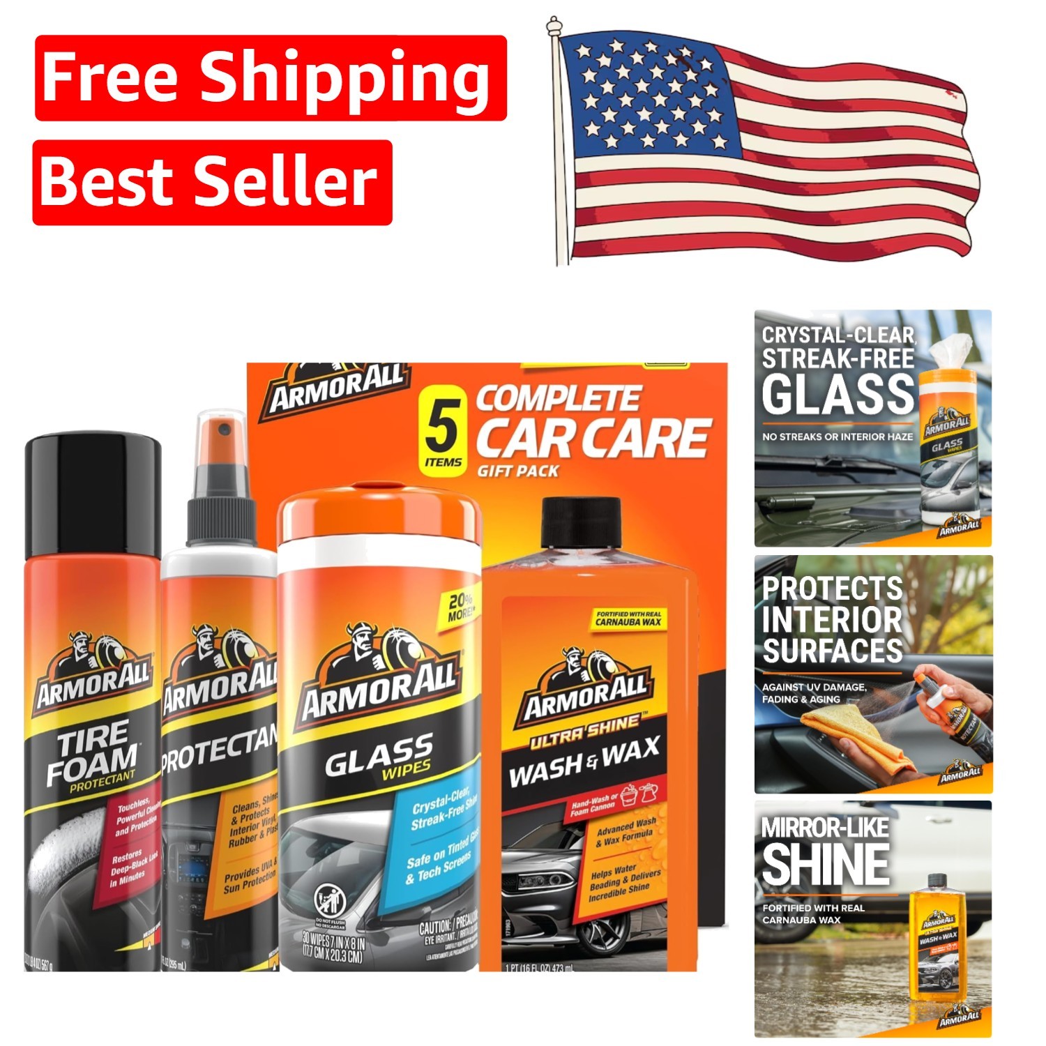 Car Care Kit – Protectant, Wash & Wax, Glass Wipes & Tire Foam