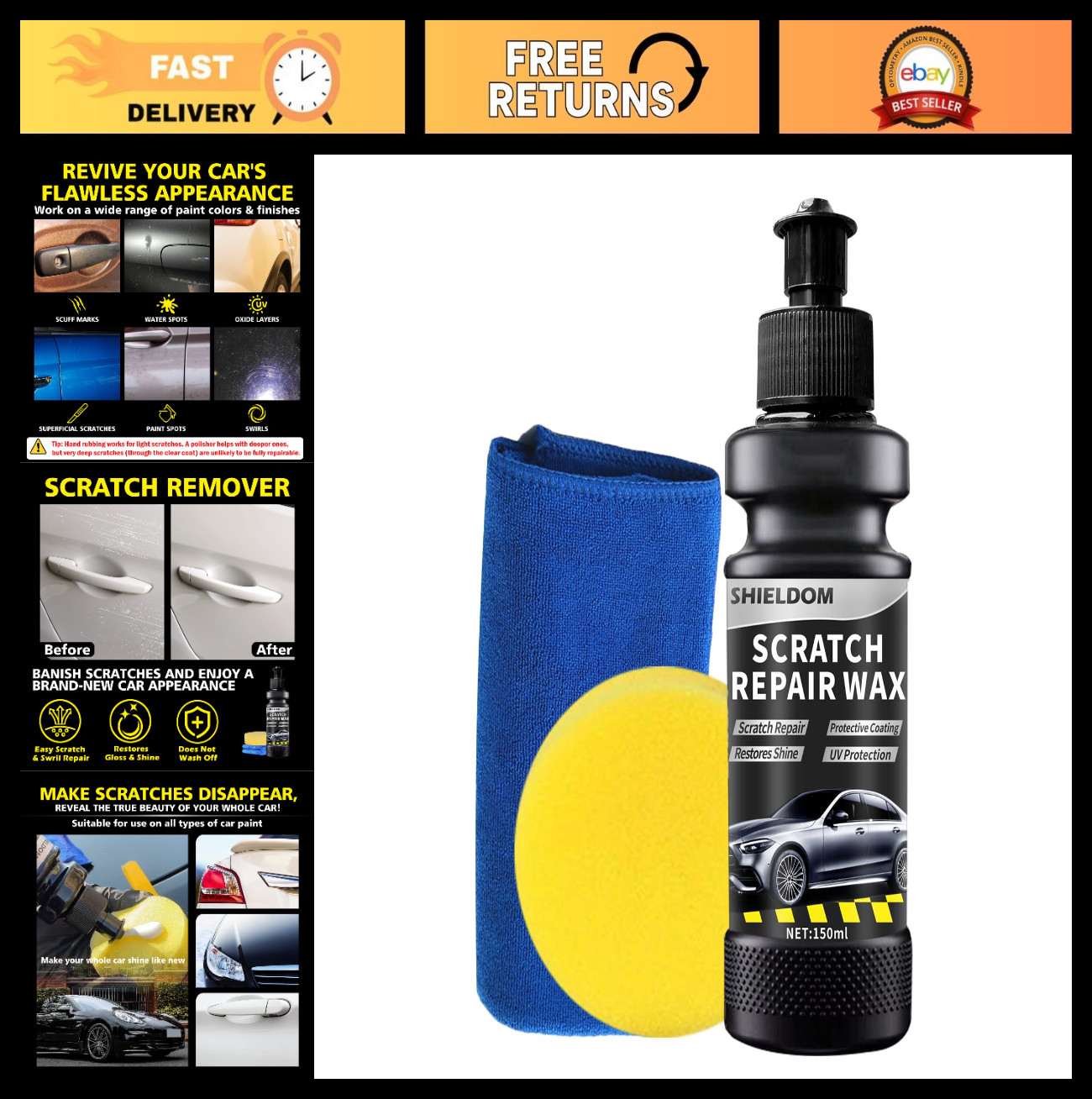 Car Scratch Remover Wax Kit – Paint Repair, Swirl & Scuff Removal, Polishing Pad