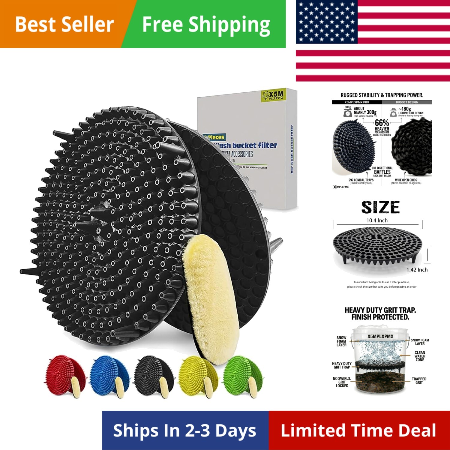 10.4″ Heavy Duty Grit Trap 2-Pack & Wash Mitt Kit – Car Wash Bucket Filter I…