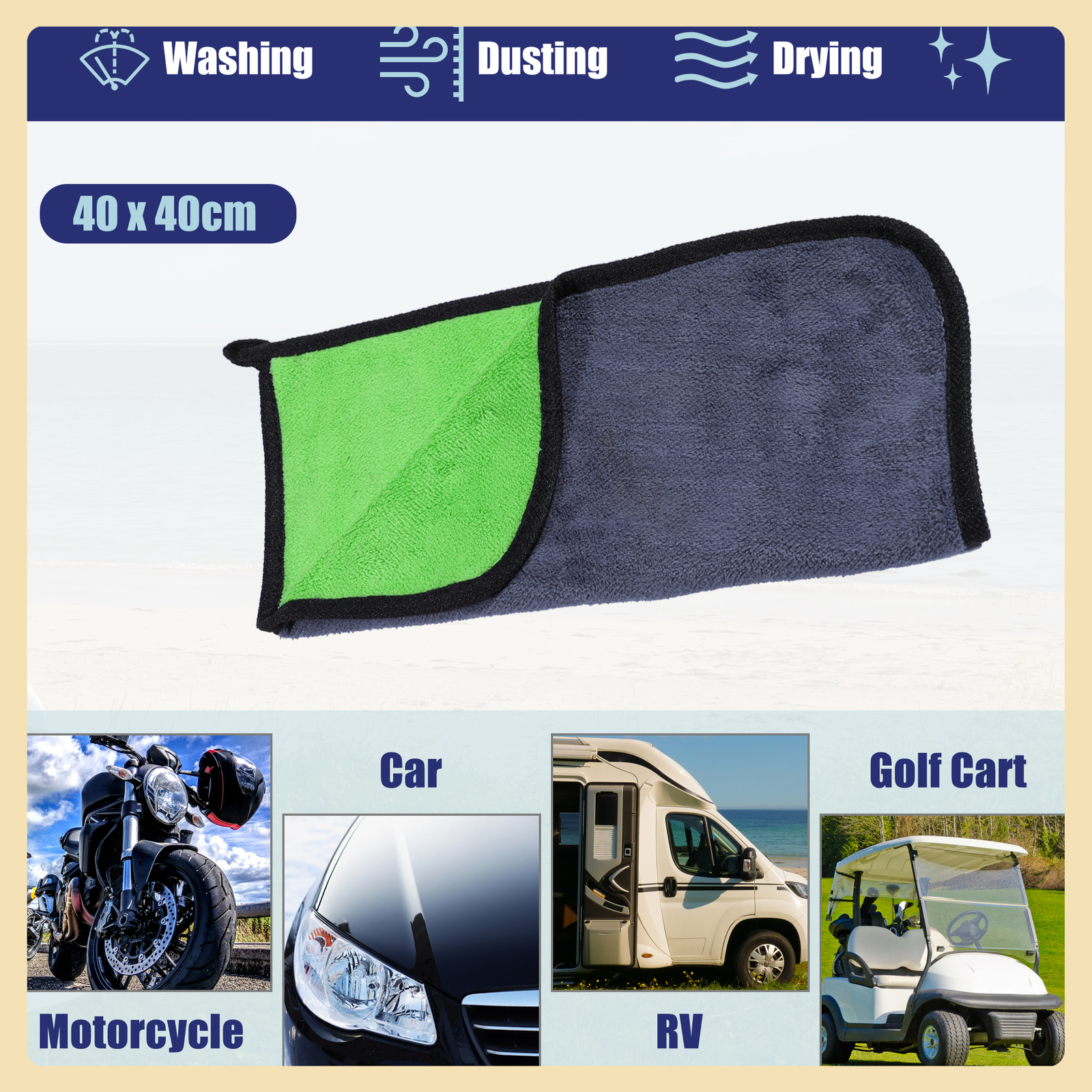40 x 40cm 600GSM Microfiber Absorbent Car Drying Cloth Gray Green Item of 3