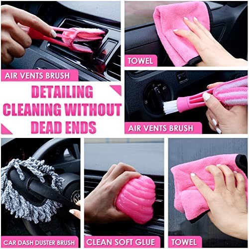 17pcs Car Cleaning Kit – Pink Interior Detailing, Handheld Vacuum, Brushes & Gel