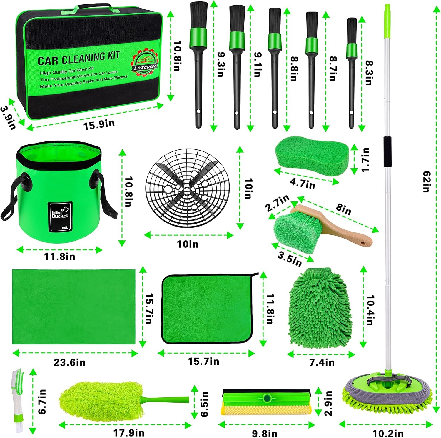17 Pcs Car Wash Kit, 62″ Car Wash Brush Mop with Long Handle, Car Cleaning Kit