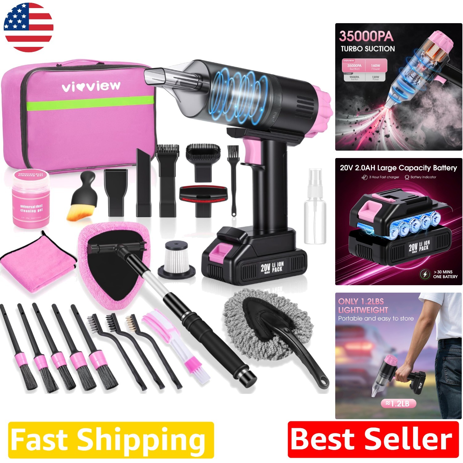 Pink Handheld Vacuum Car Cleaning Kit 25pc Cordless HEPA 40 Min Runtime