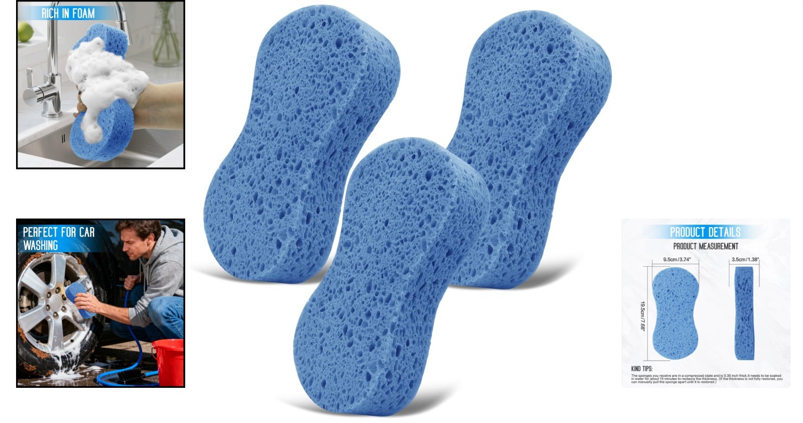 3PCS Heavy Duty Eco Friendly Car Wash Sponges Large Blue Cleaning Supplies