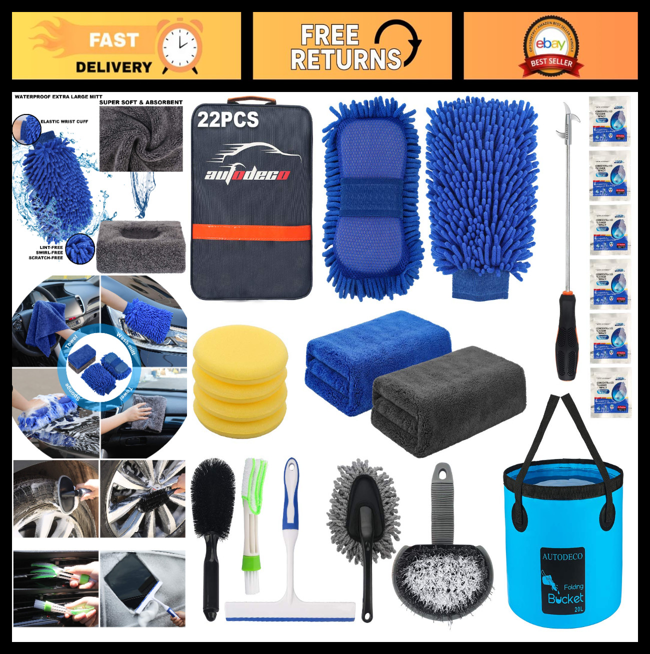 22Pcs Car Wash Detailing Tools Kit – Complete Interior Care Set, Collapsible Buc