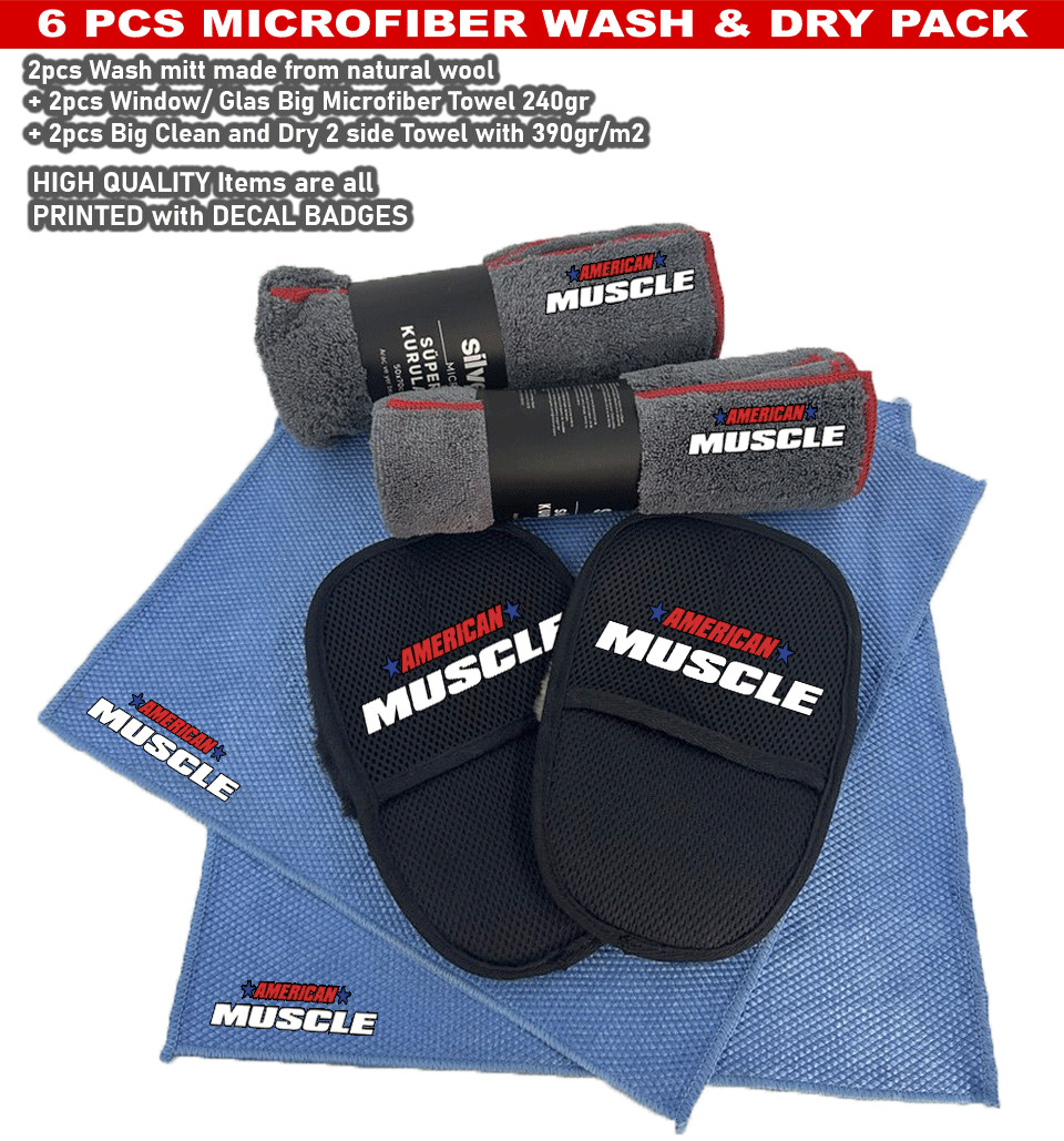 6Pack American Muscle Wash Mitt Car care Microfiber Detailing dry Towel Cleaning