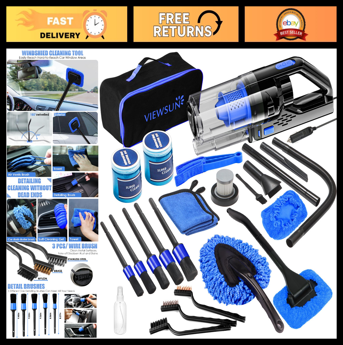 Car Cleaning Kit – Interior Detailing Set, Handheld Vacuum, Brushes, Gel & Acces