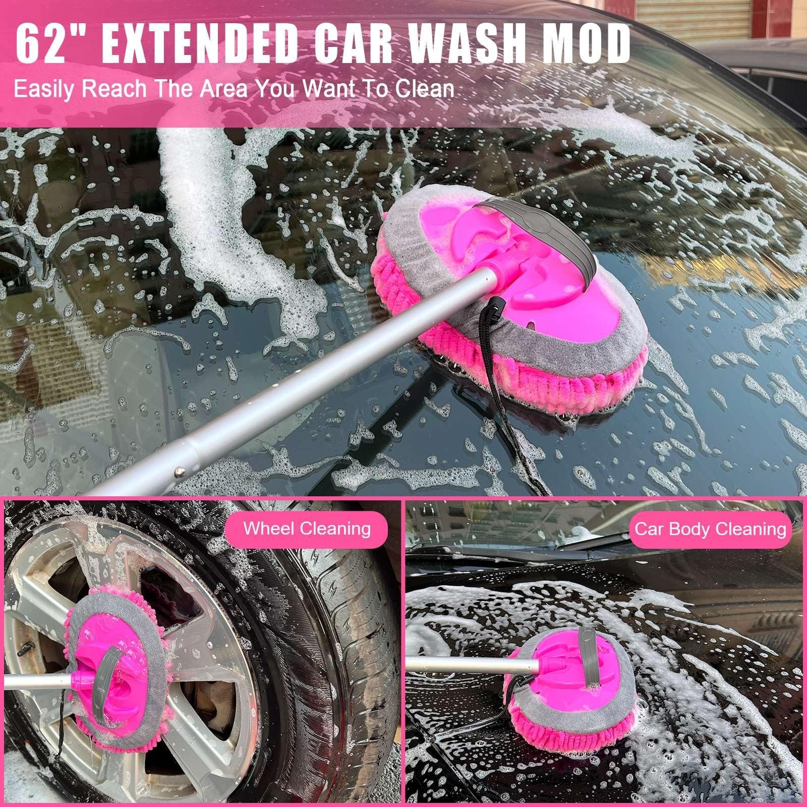 62″ Pink Car Wash Brush & Mop Kit – Microfiber Mitt, Squeegee, Wheel Brush, Deta