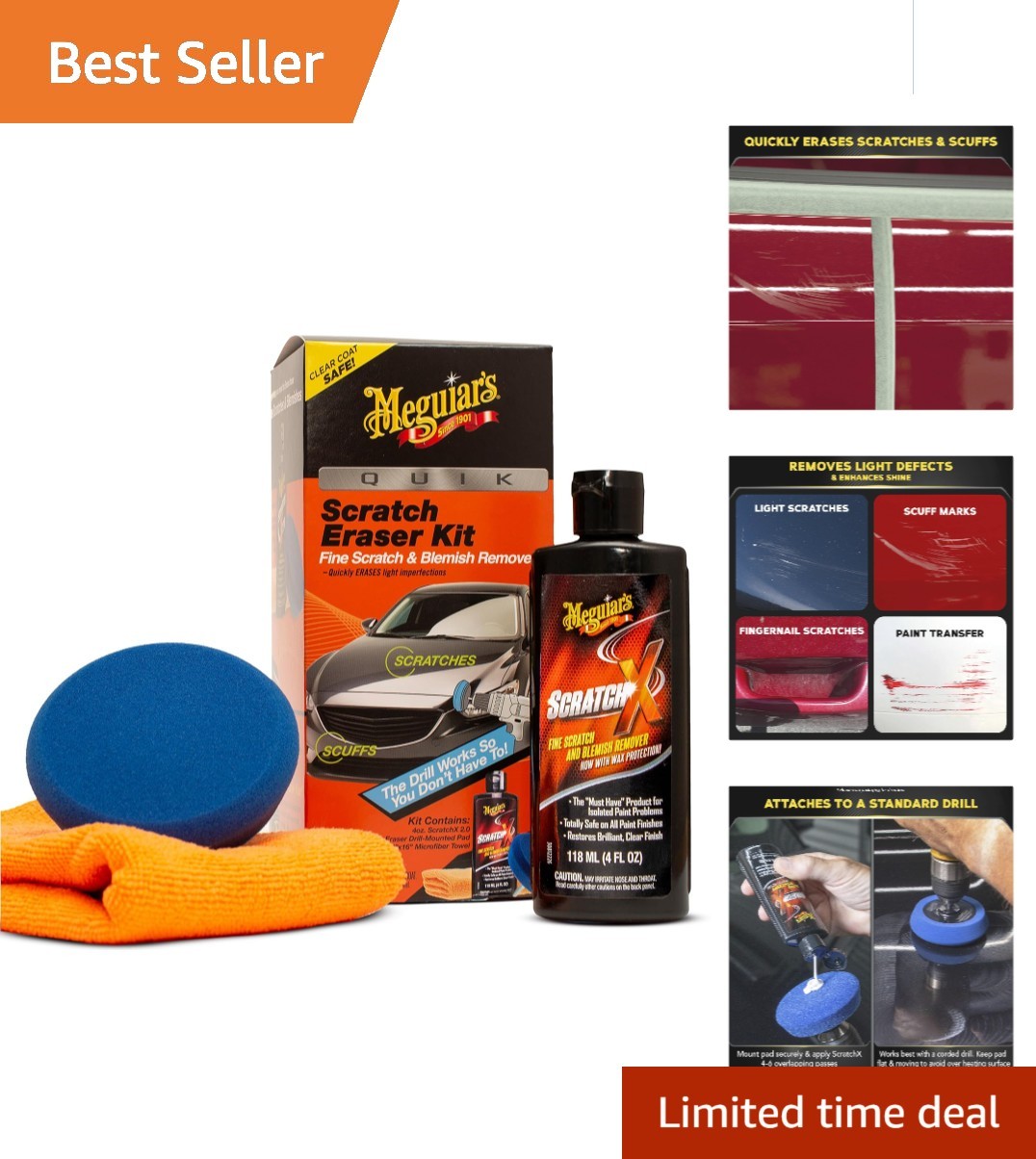 Drill-Mounted Car Scratch Eraser Kit with Microfiber Towel – Clear Coat Safe