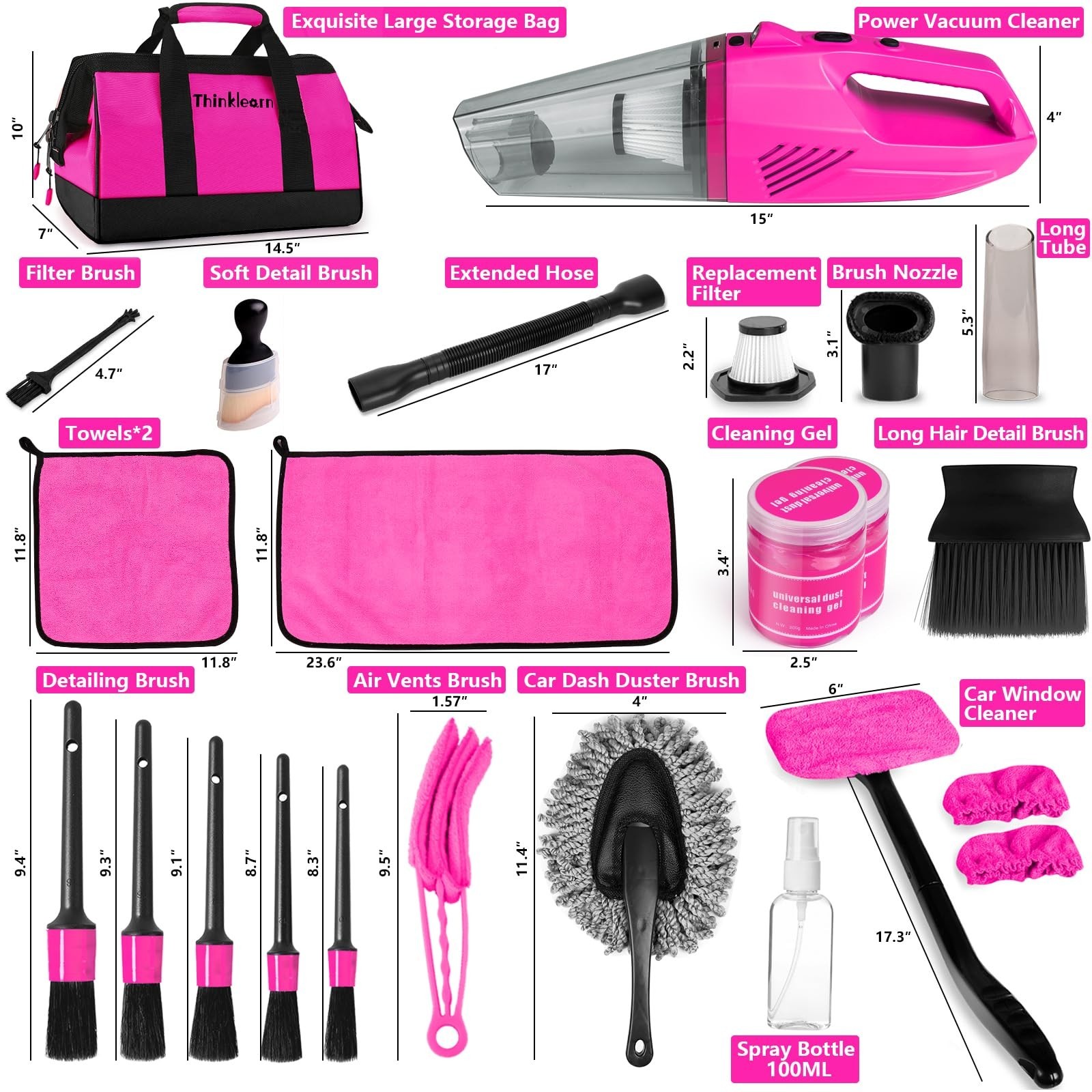 High Power Corded Car Vacuum Detailing Kit with 7-Piece Brush Set & Windshield C