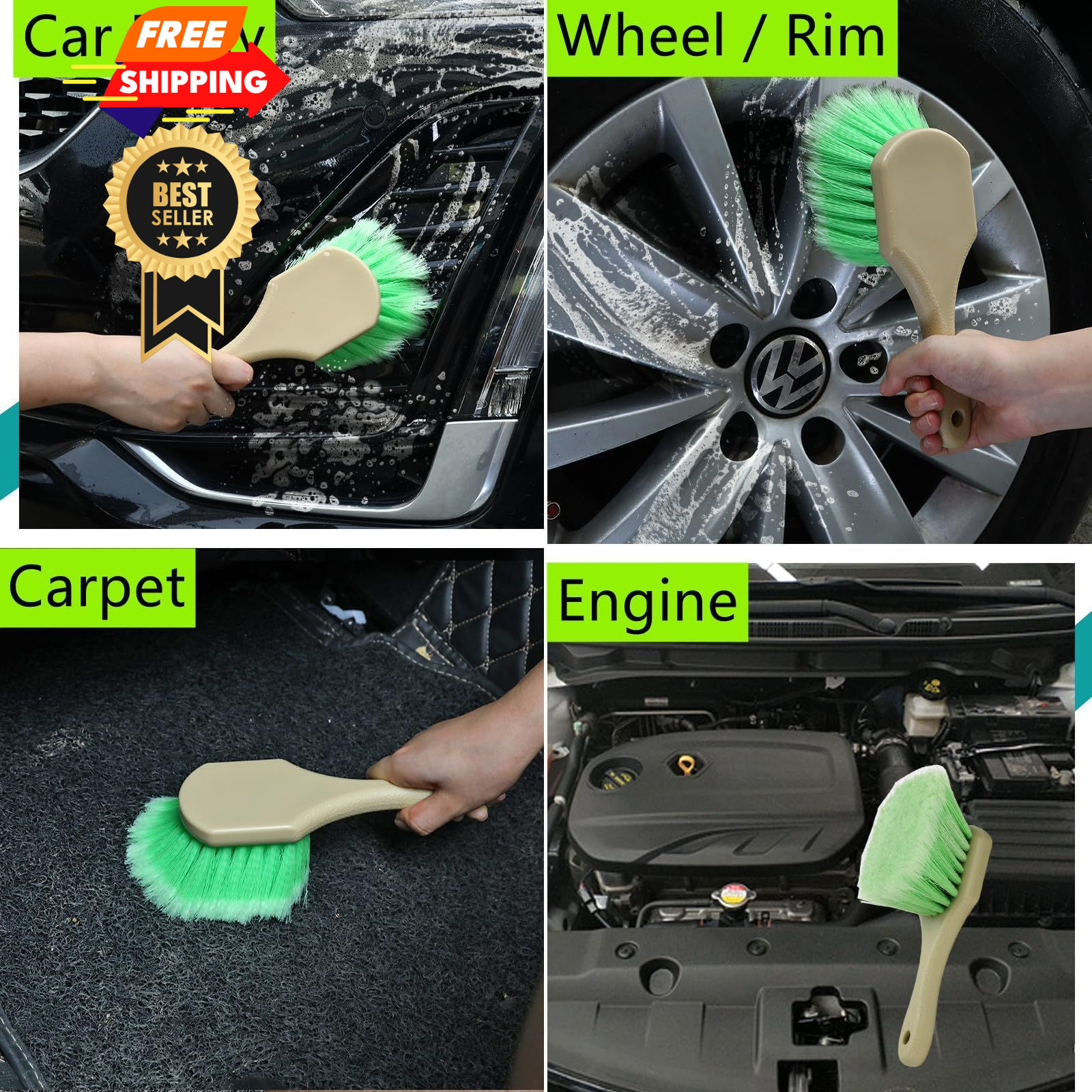 Fitosy Wheel Rim & Tire Brush Set, Soft & Stiff Bristle Wash Cleaning Green