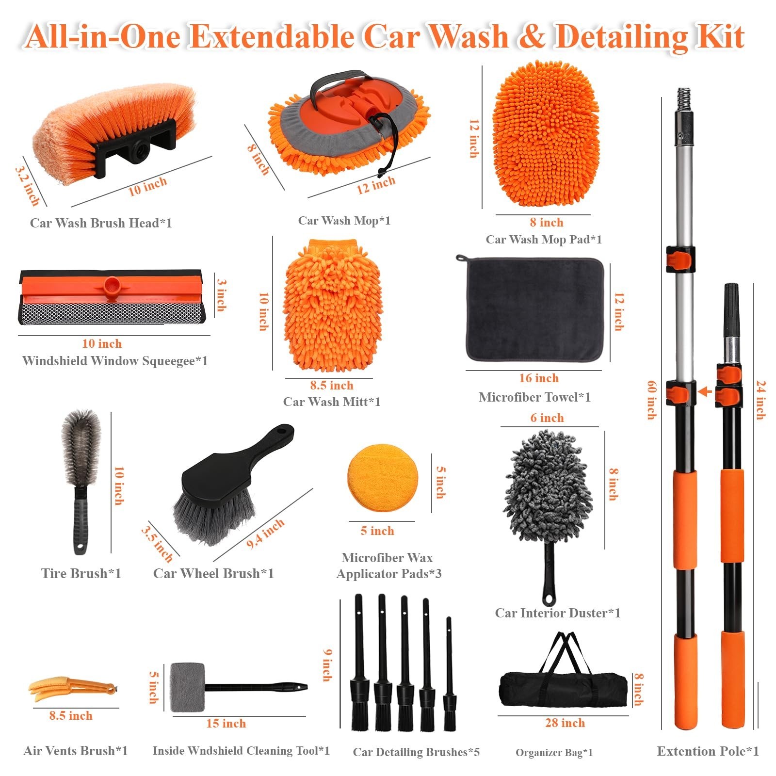 21Pcs Car Wash Kit – Heavy-Duty Extension Pole, Soft Brush, Wheel Cleaner, Mop M