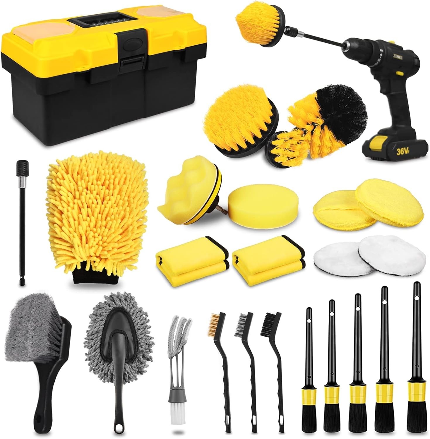 Ultimate 27PCS Car Wash Kit: Drill Brushes, Microfiber Mitt & Cleaning Tools