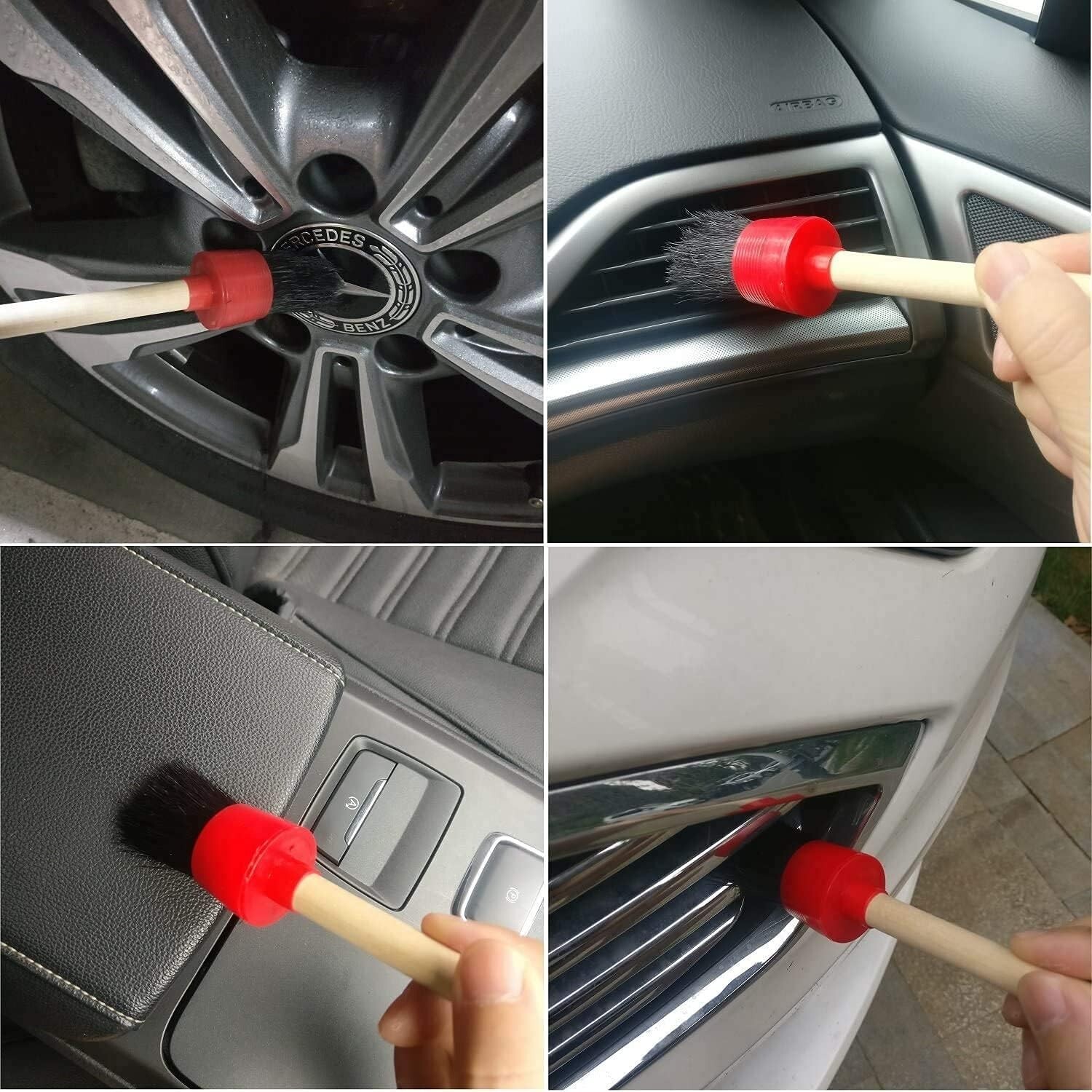11 Pcs Red Auto Detailing Brush Set ,Car Air Conditioner Cleaning Wire Brush Kit