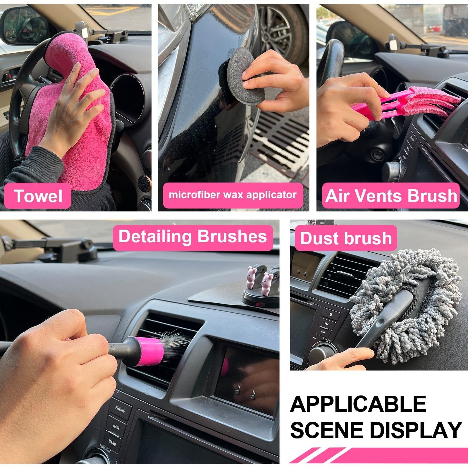 62″ Pink Car Wash Brush & Mop Kit – Microfiber Mitt, Squeegee, Wheel Brush, Deta
