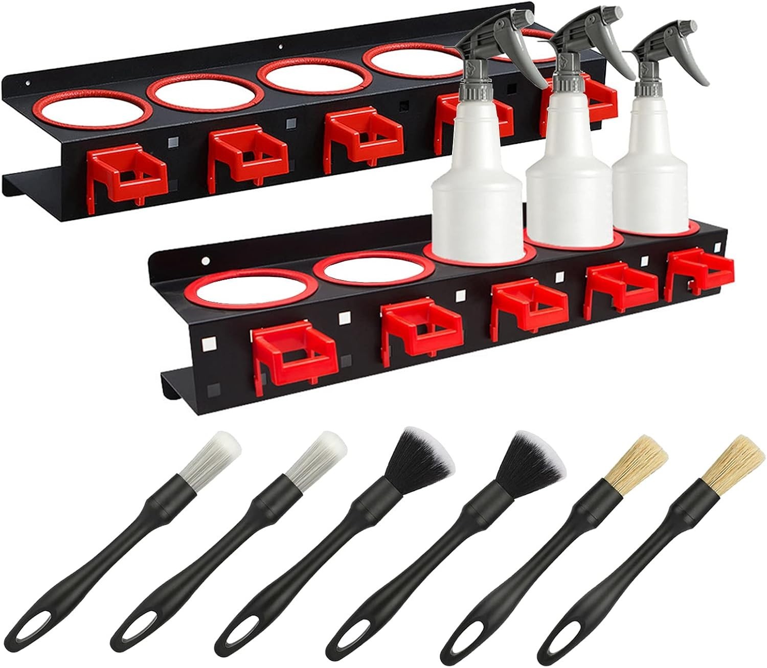 Black and Red Alloy Steel Spray Bottle Rack – Space-Saving Garage Organizer
