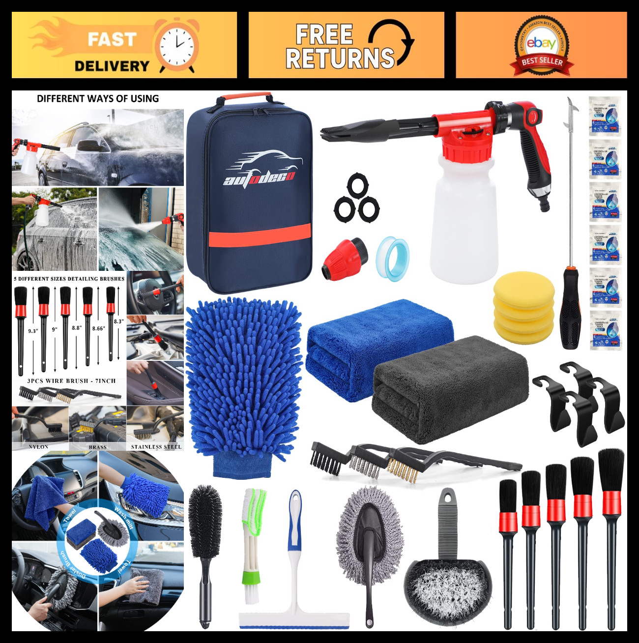33Pcs Car Wash Detailing Kit – Foam Gun, Brushes, Mitts & Towels – Complete Clea