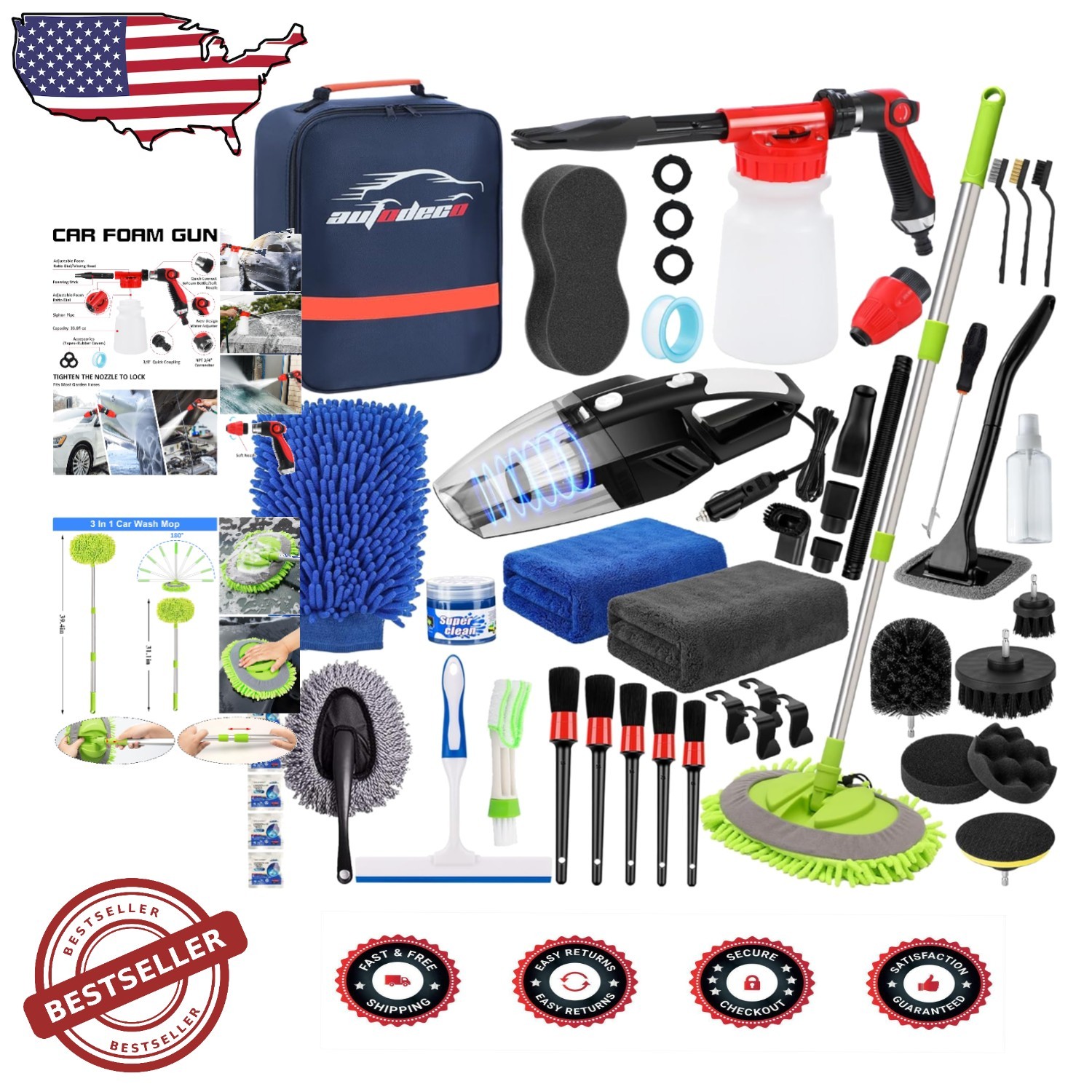 Complete Car Wash Kit 43Pcs: Foam Gun, Mop, Vacuum, Polishing Pads