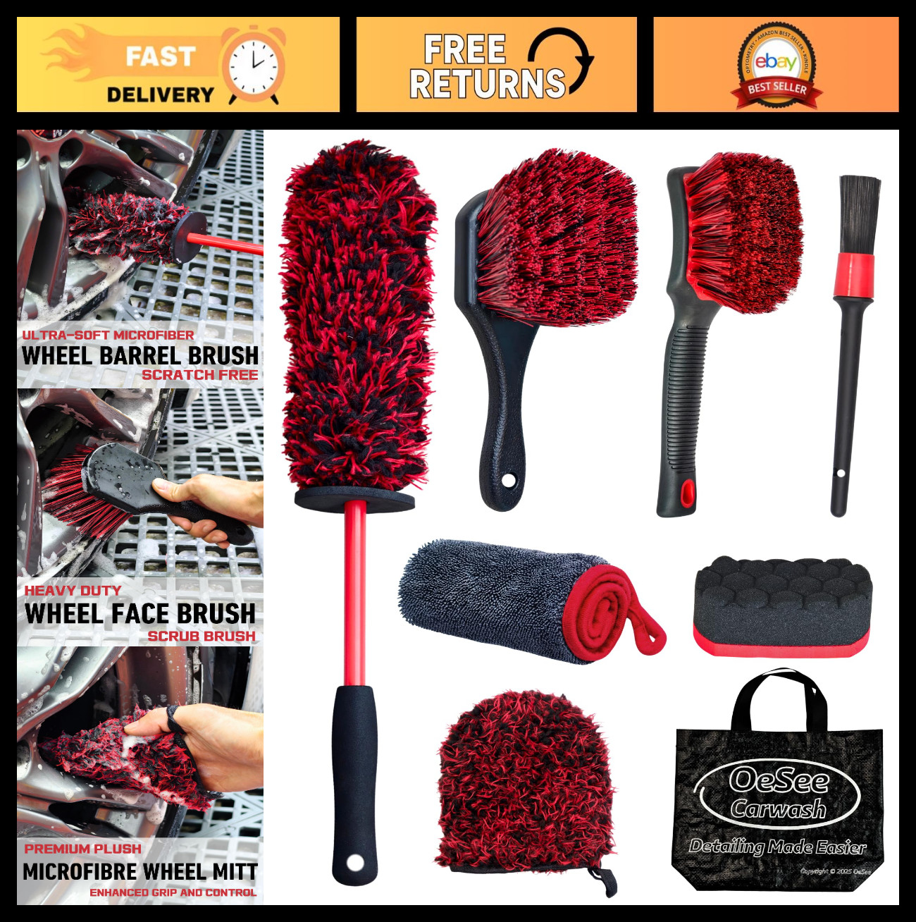 8PCS Wheel Cleaning Kit – Microfiber Brush, Tire Brush, Drying Towel & Detailer