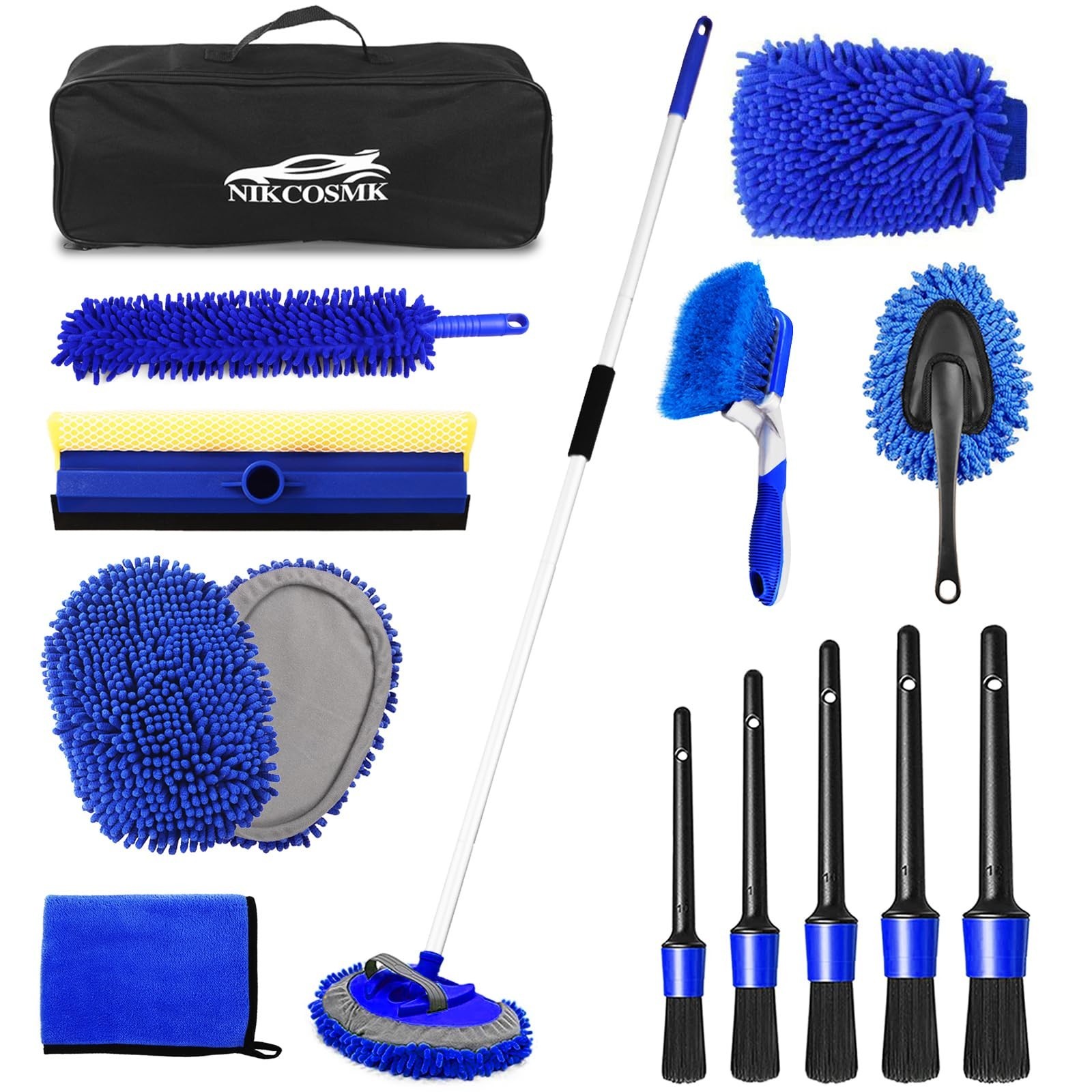 62″ Car Wash Brush Kit – Long Handle Mitt, Scratch-Free Head, Squeegee & Duster