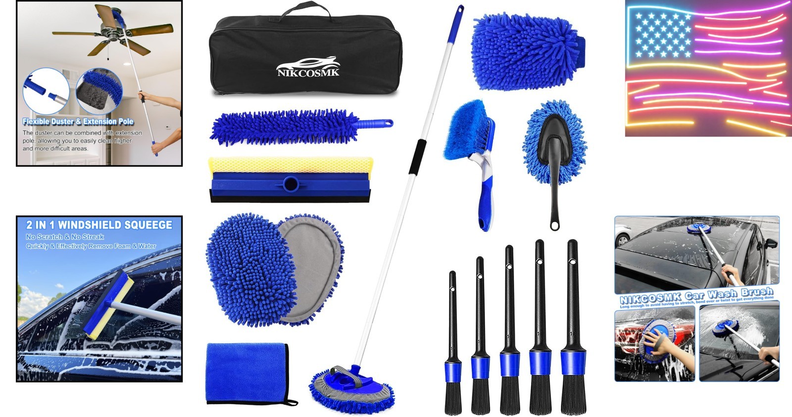 62” Car Wash Brush Kit Mitt Mop Sponge with Long Handle, 1 Chenille Scratch-…