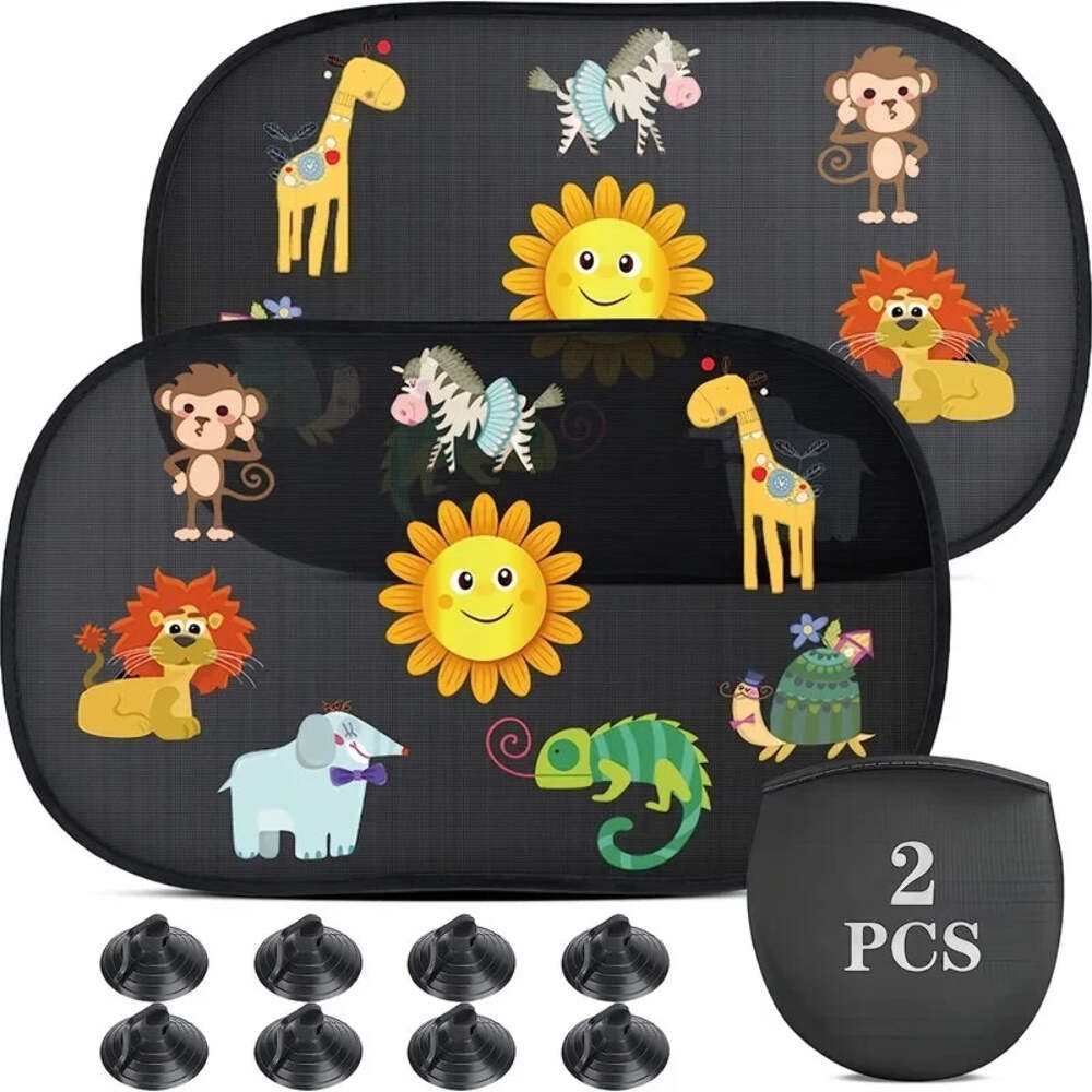 2-Piece Cartoon Animal Car Sun Shade – 20×12 in, UV-Resistant Black PVC with 8