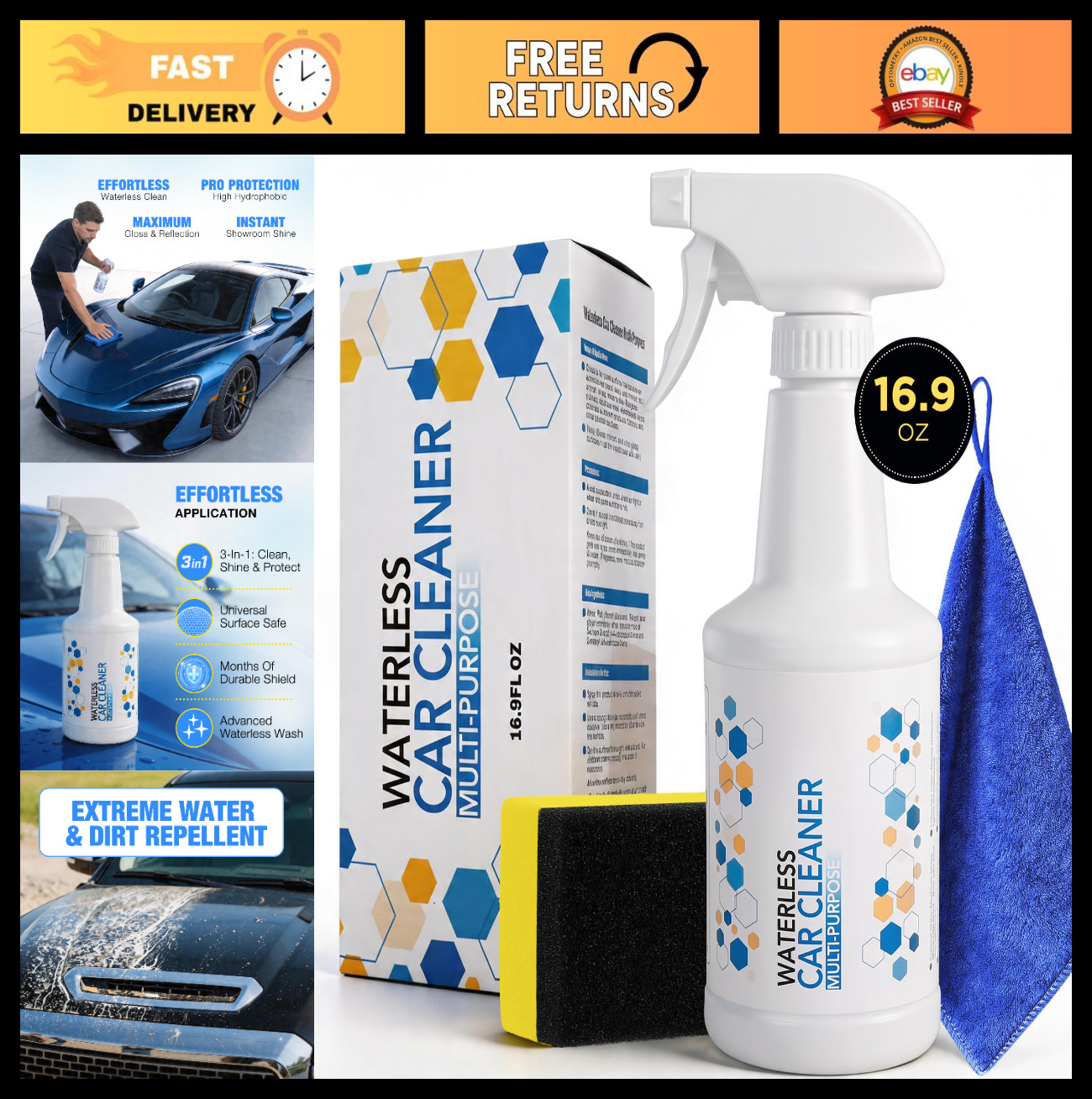 3-in-1 Waterless Car Wash Spray – Ceramic Coating, Quick Detailer, Protect Paint