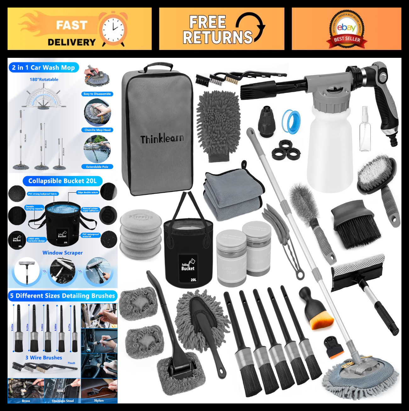 Car Wash Detailing Kit – Foam Gun, Long Handle Brush, Folding Bucket & Supplies
