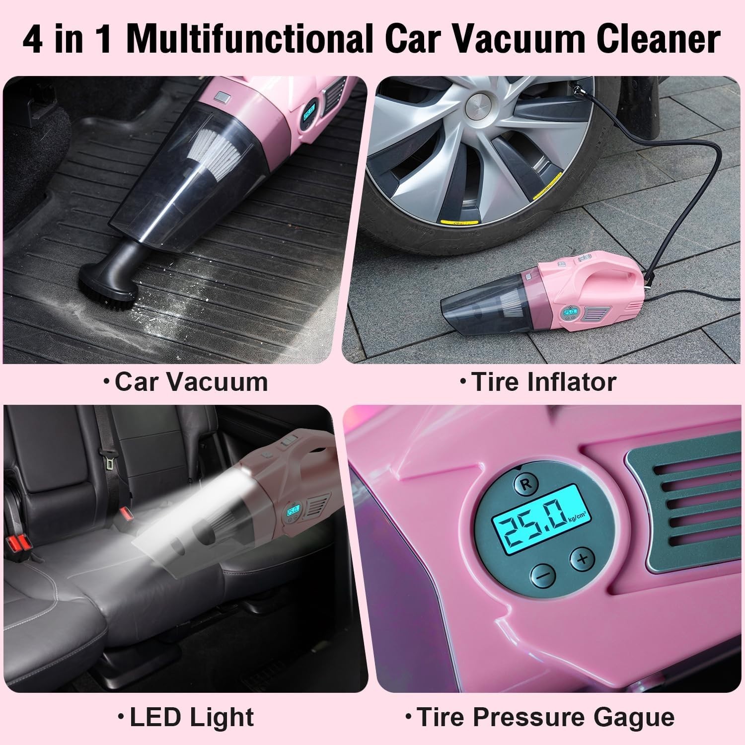 25Pcs Pink Car Cleaning Kit – 4-in-1 Vacuum, Detailing Brushes & Windshield Tool