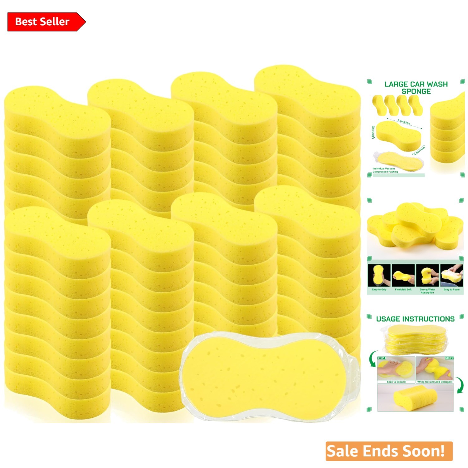 Bulk 60 Bright Yellow Multi Purpose Sponges for Car Cleaning Households and More