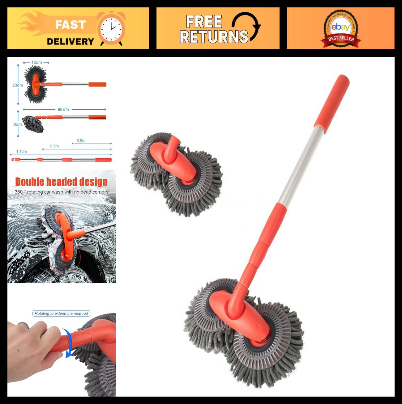 Retractable Double Head Car Wash Brush – 360° Rotating Long Handle Cleaning Kit,
