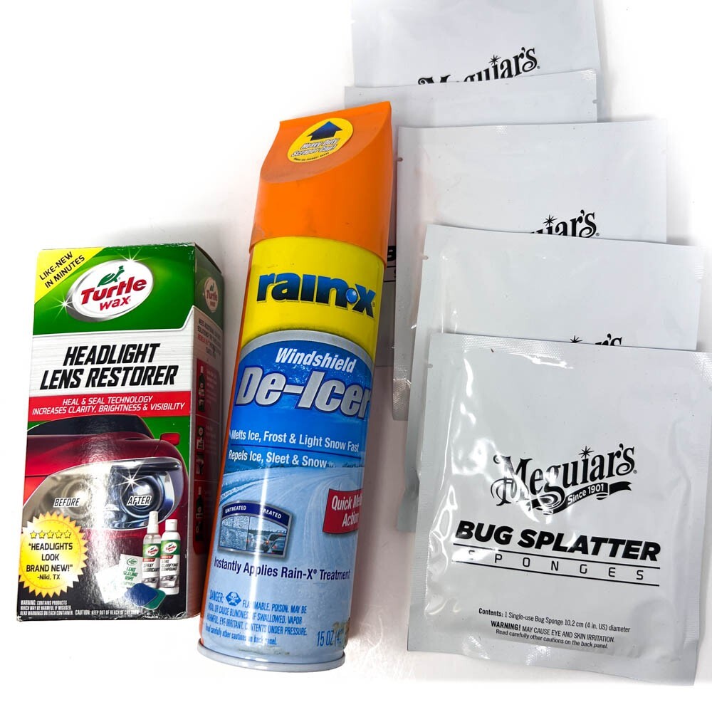 Assorted Car Care Products Turtle Wax Headlight Lens Restorer, Rain-X De-Icer