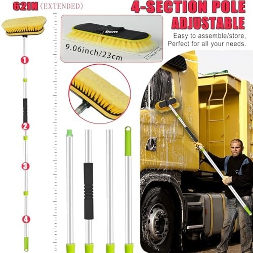 62″ Long Handle Car Wash Brush Kit – Microfiber, Tire Brush, Squeegee & Detailin