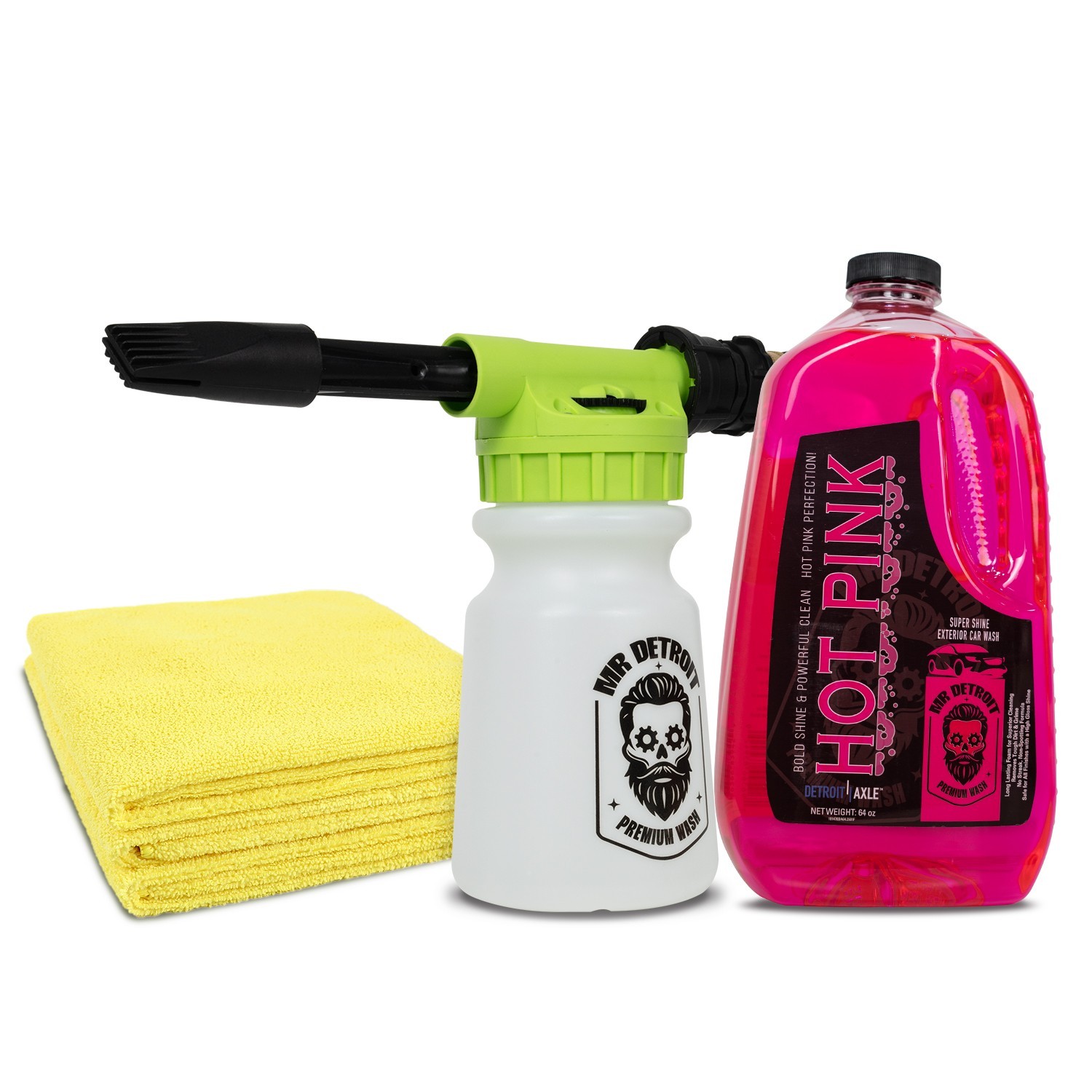Mr. Detroit – 3pc Pro Car Wash Kit with Foam Blaster + 64oz Wash Soap + Towels