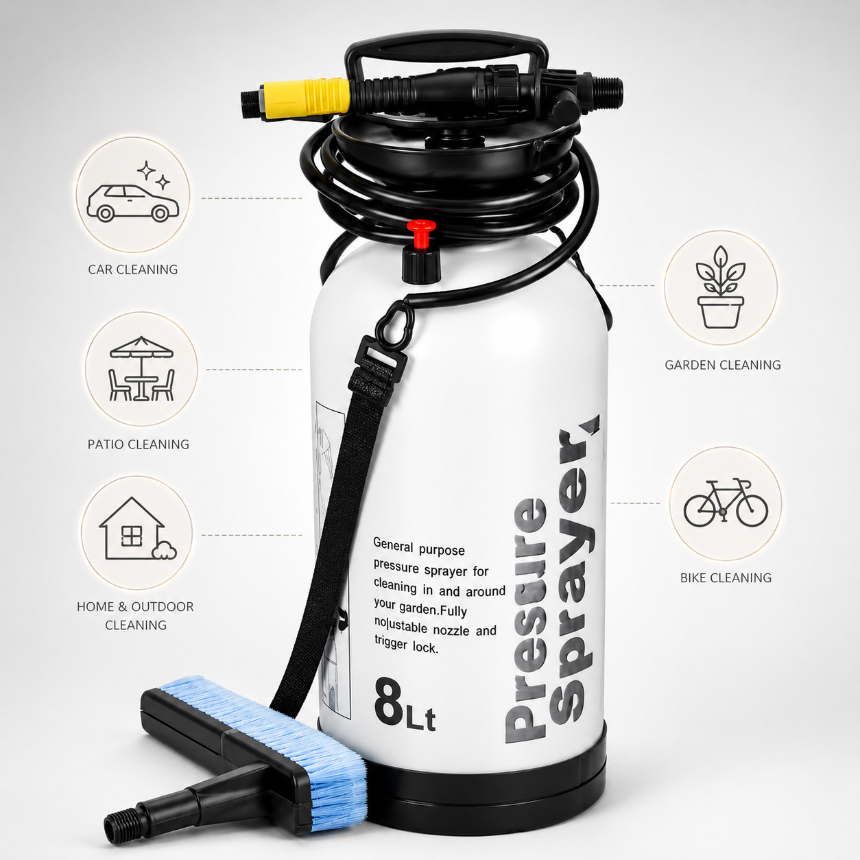 Portable Pressure Power Washer Pump 8L Spray Jet Car Wash Cleaner Brush